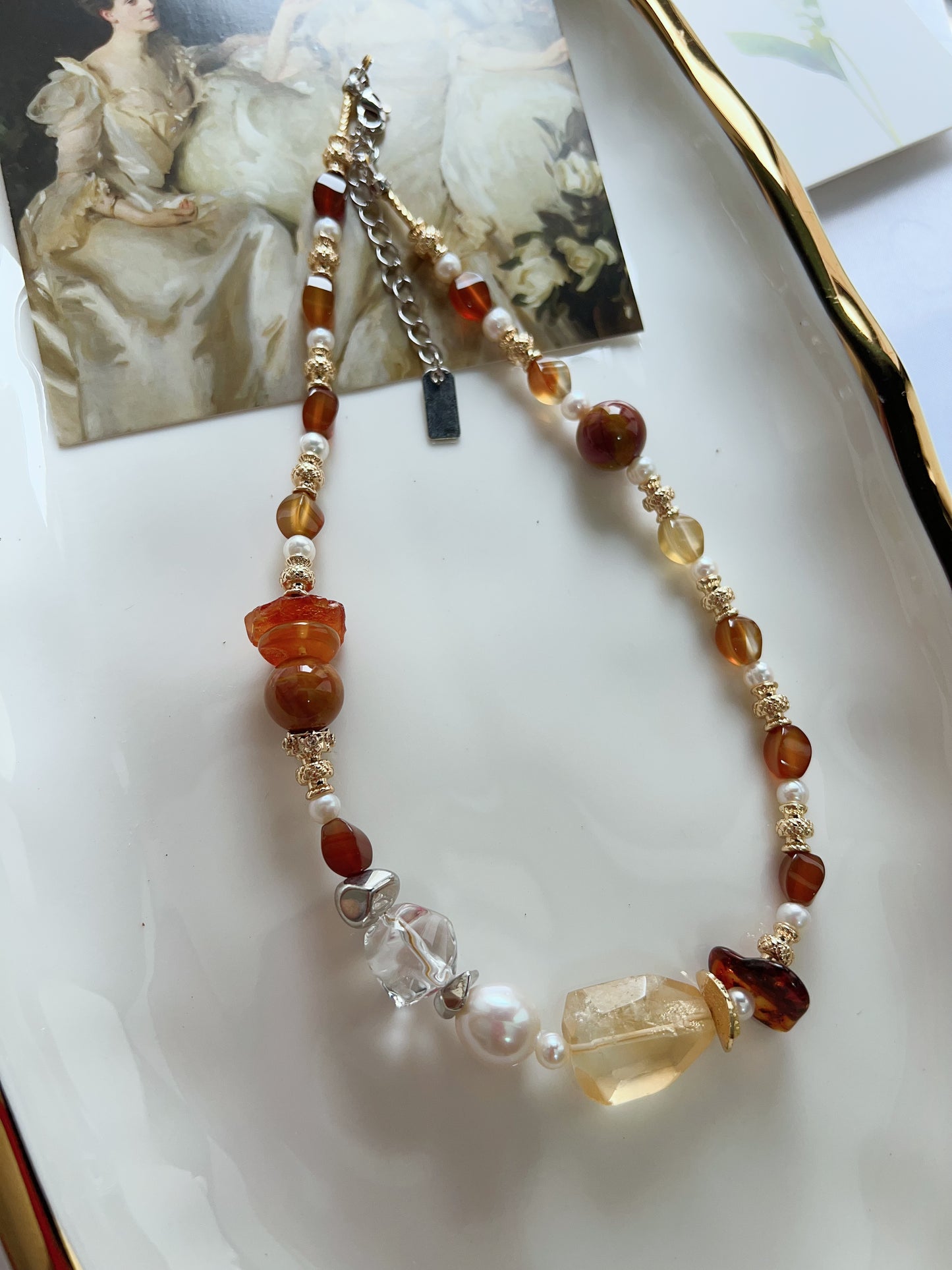#PN1261 Freshwater pearl necklace agate citrine freeform beeswax lustrous baroque 37+5cm