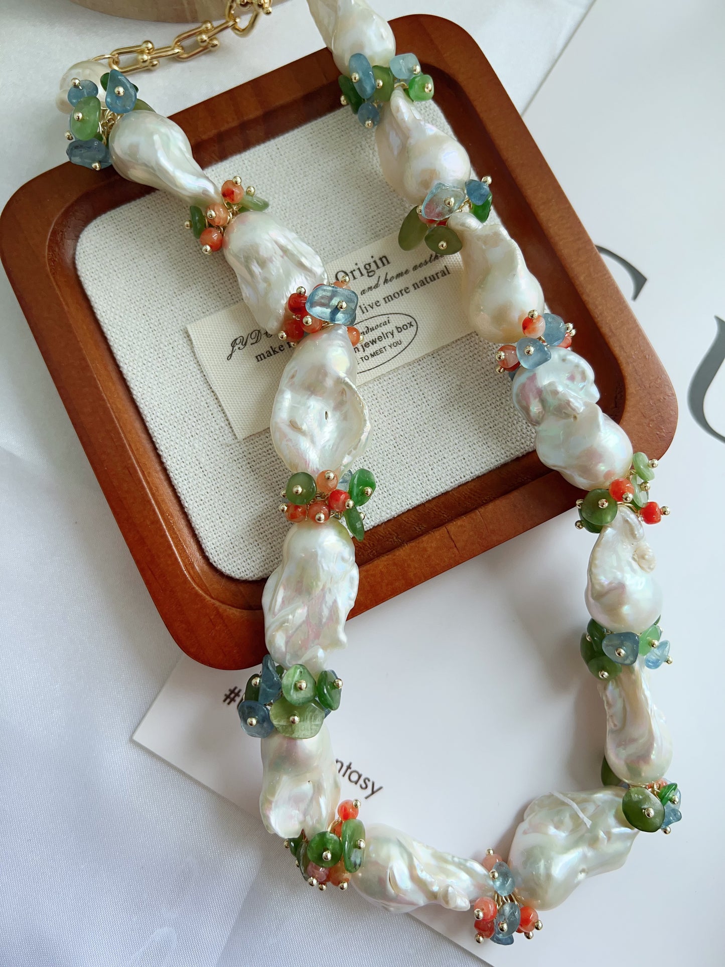 #PN1247 [Floral Series] Freshwater Pearl Necklace & Earrings Set big blue-ish Fishtail Baroque Pearl Aventurine Aquamarine peach Agate flower petals high quality one of a kind