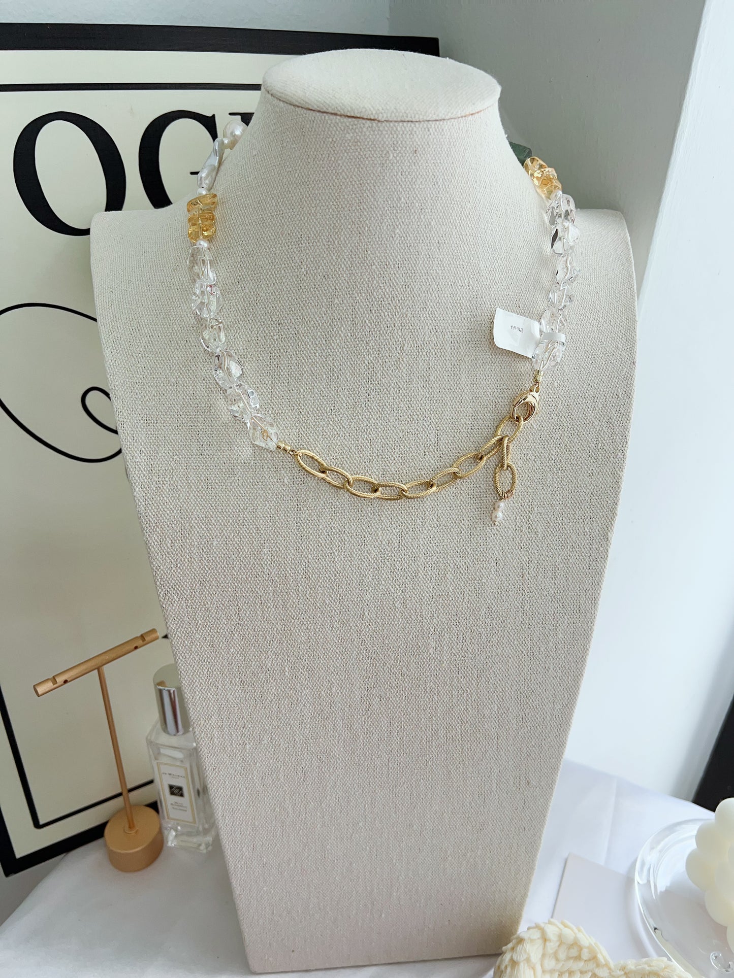 #PN1257 Freshwater pearl necklace 38+12cm clear quartz freeform carved fluorite amethyst irregular baroque