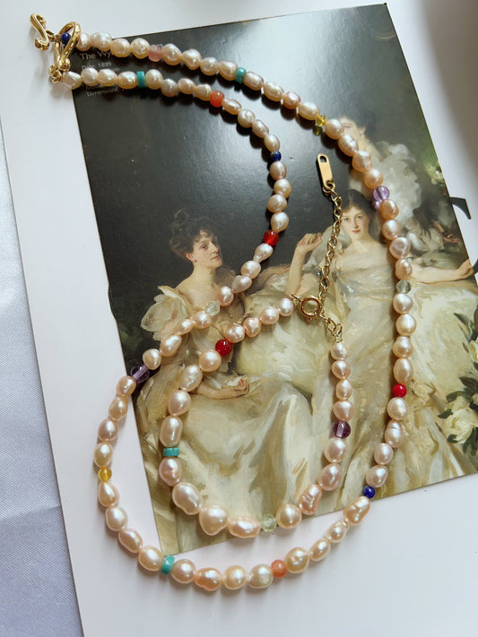 #PN1266 Freshwater Pearl Necklace & Bracelet Set champagne golden pearl rainbow natural stones agate amazonite lapis lazuli prehnite small beads
