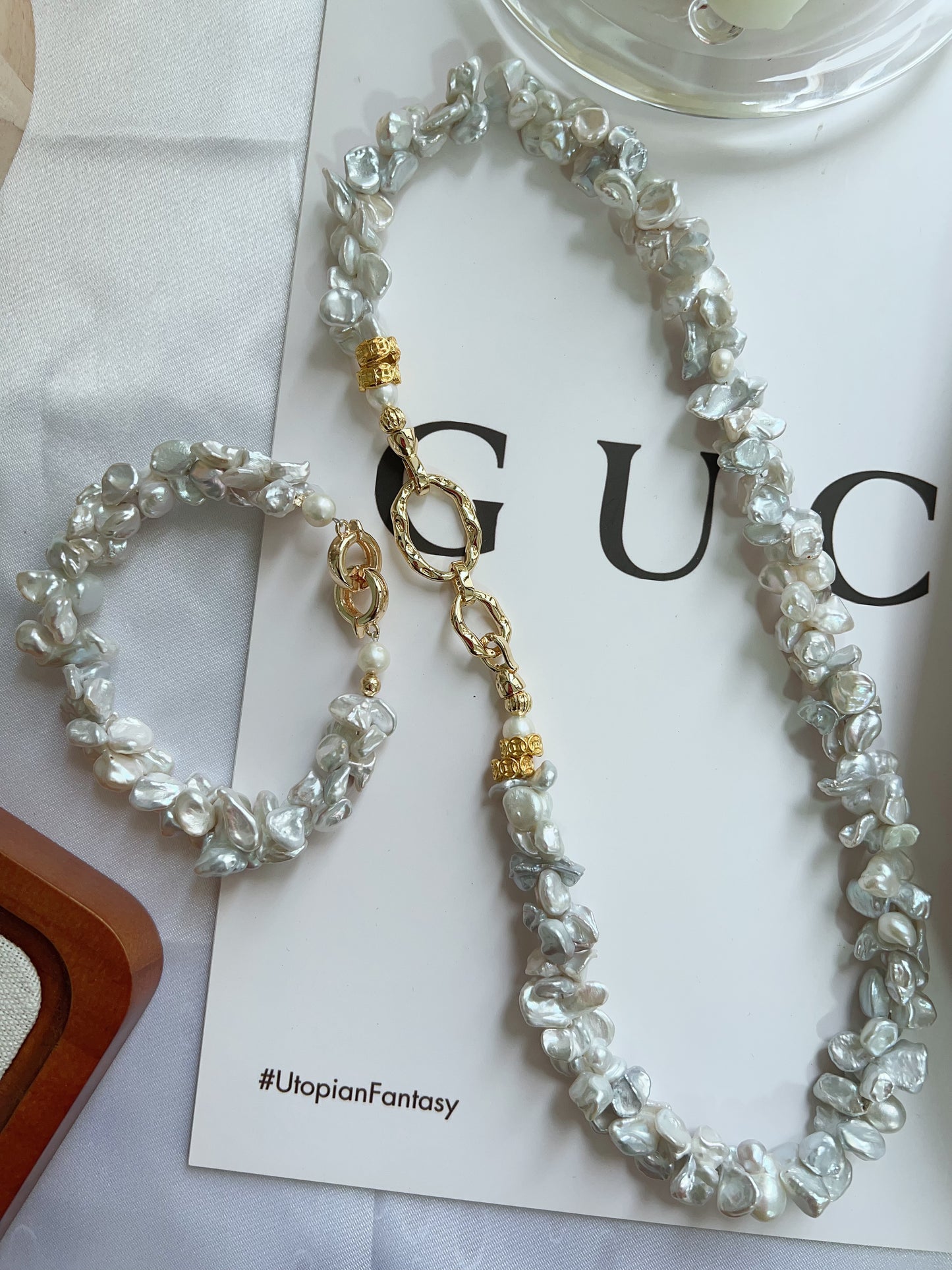 #PN1245 Freshwater Pearl Necklace & Bracelet Set 19cm 47cm caterpillar design blue grey Lustre can connect to wear double-end clasp bracelet butterfly irregular Pearl