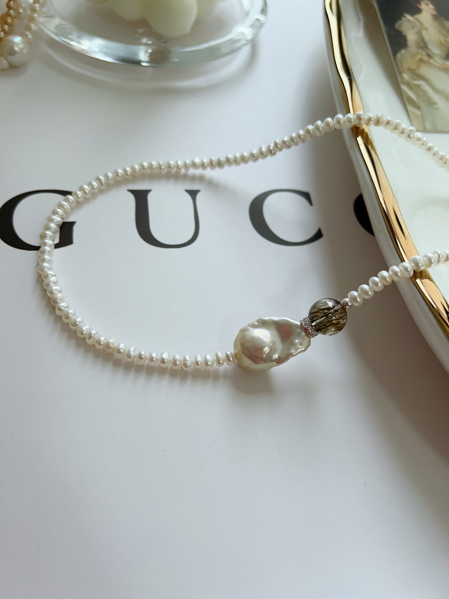 #PN1274 Freshwater pearl necklace high clarity green rutile cold lustre fishtail baroque pearl baby pearl excellent lustre