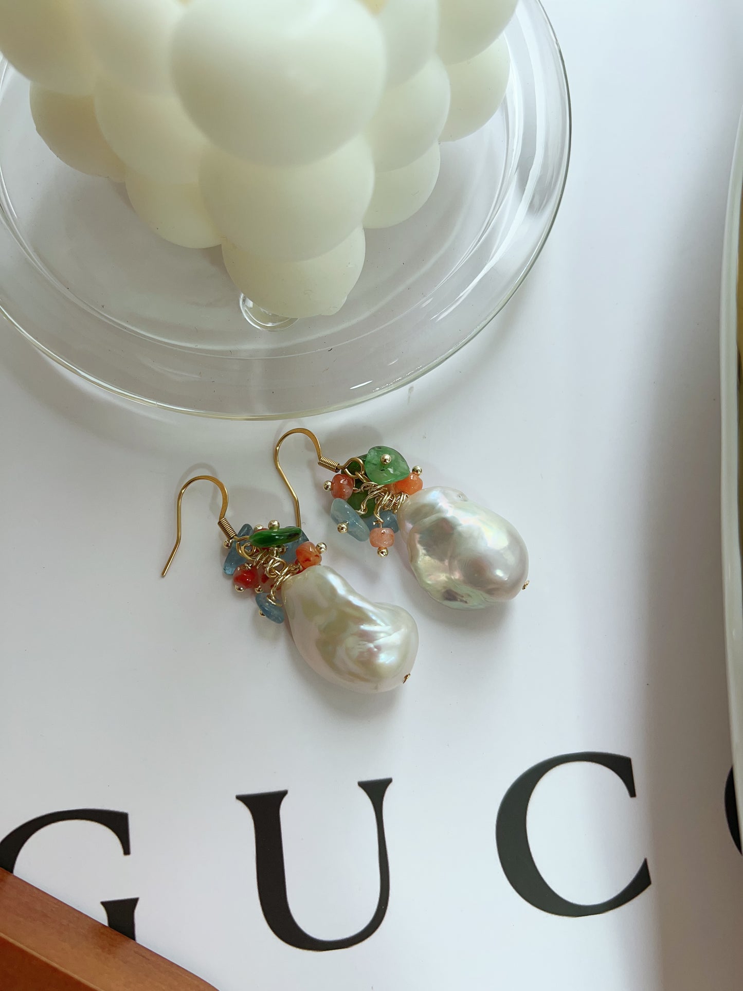 #PN1247 [Floral Series] Freshwater Pearl Necklace & Earrings Set big blue-ish Fishtail Baroque Pearl Aventurine Aquamarine peach Agate flower petals high quality one of a kind