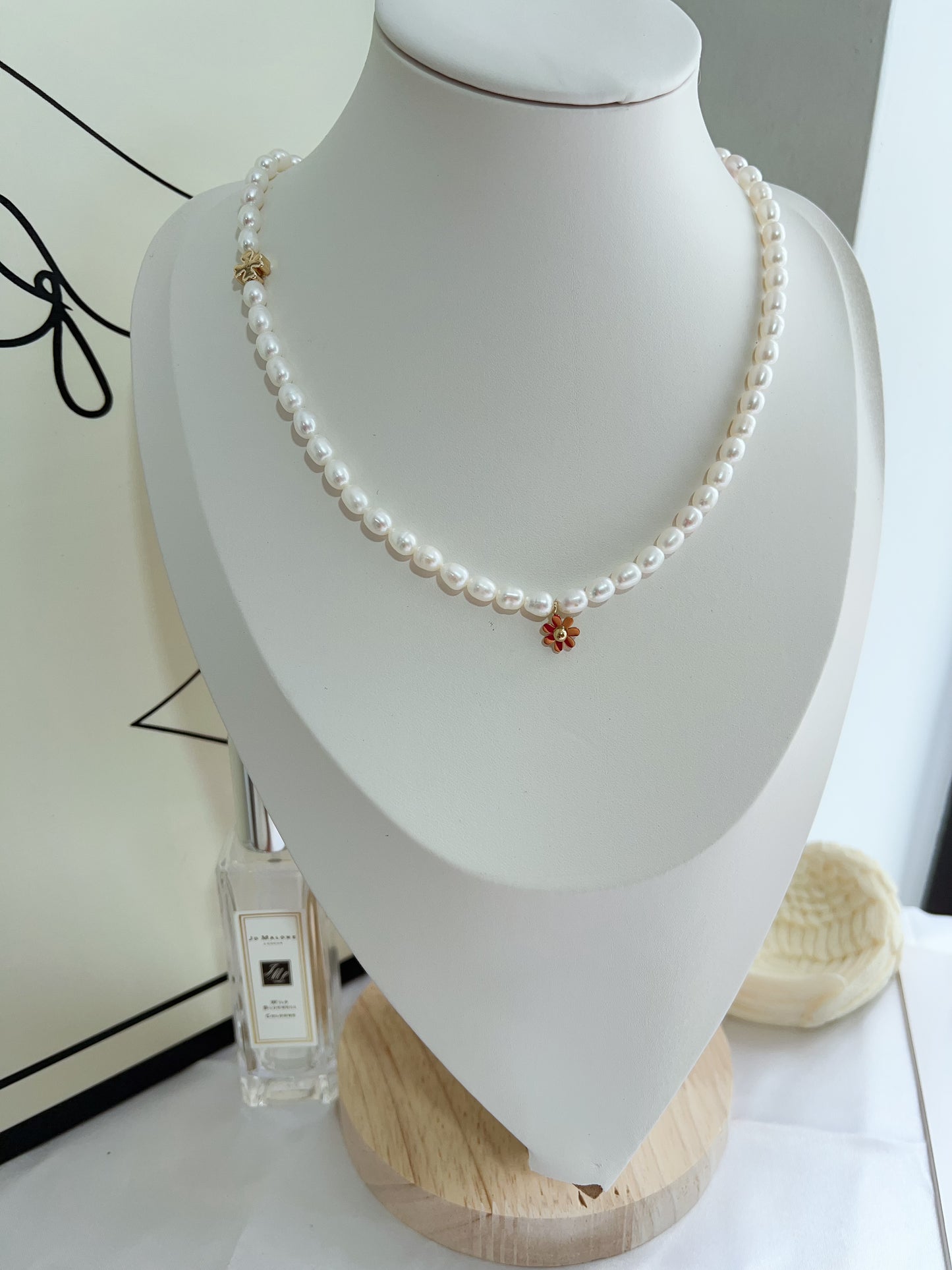 #PN1282 Freshwater pearl necklace & bracelet set rice shaped baroque pearl daisy pendant flower charm simple and elegant
