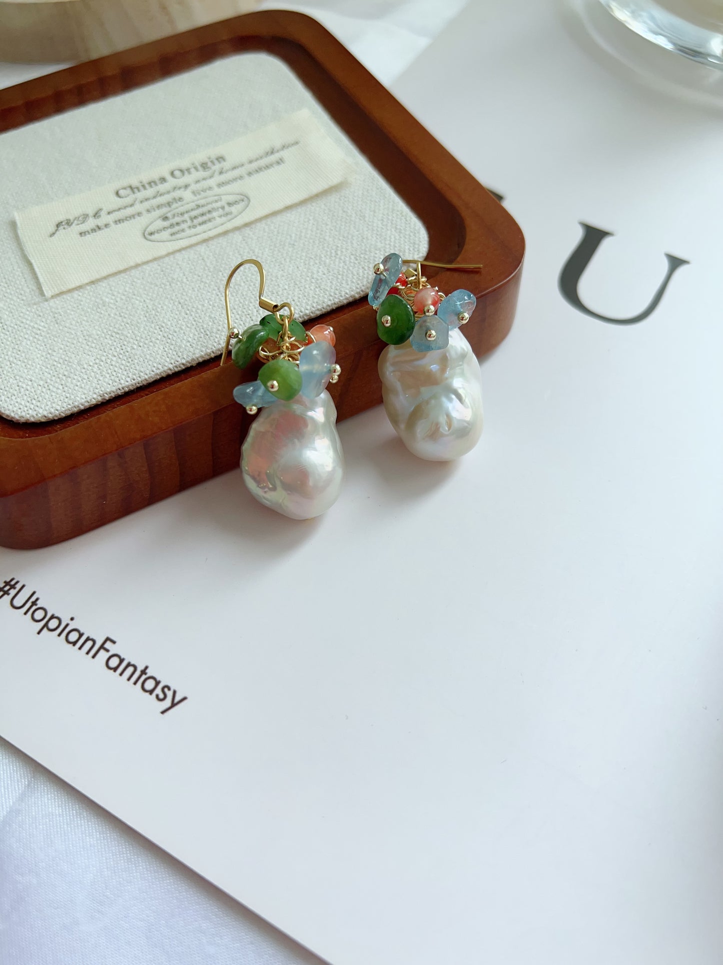 #PN1247 [Floral Series] Freshwater Pearl Necklace & Earrings Set big blue-ish Fishtail Baroque Pearl Aventurine Aquamarine peach Agate flower petals high quality one of a kind