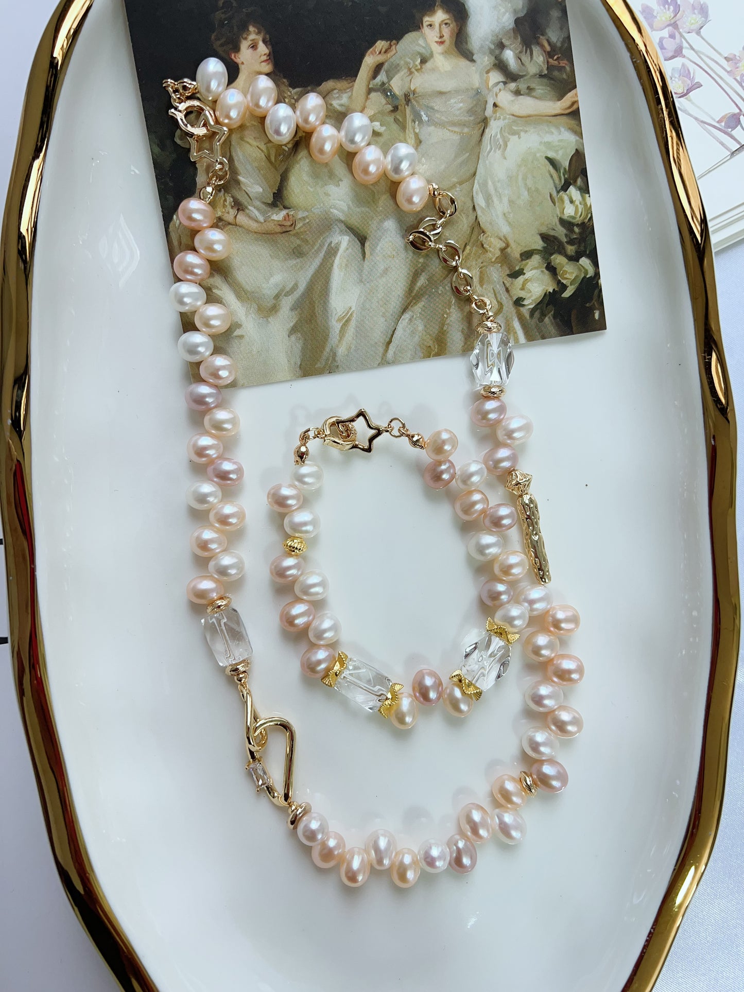#PN1246 Freshwater Pearl Necklace & Bracelet Set chunky Rice Pearl clear quartz Freeform lace design Lustrous mixed colors