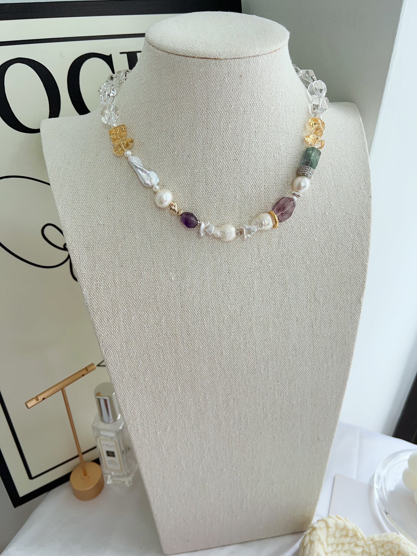 #PN1257 Freshwater pearl necklace 38+12cm clear quartz freeform carved fluorite amethyst irregular baroque