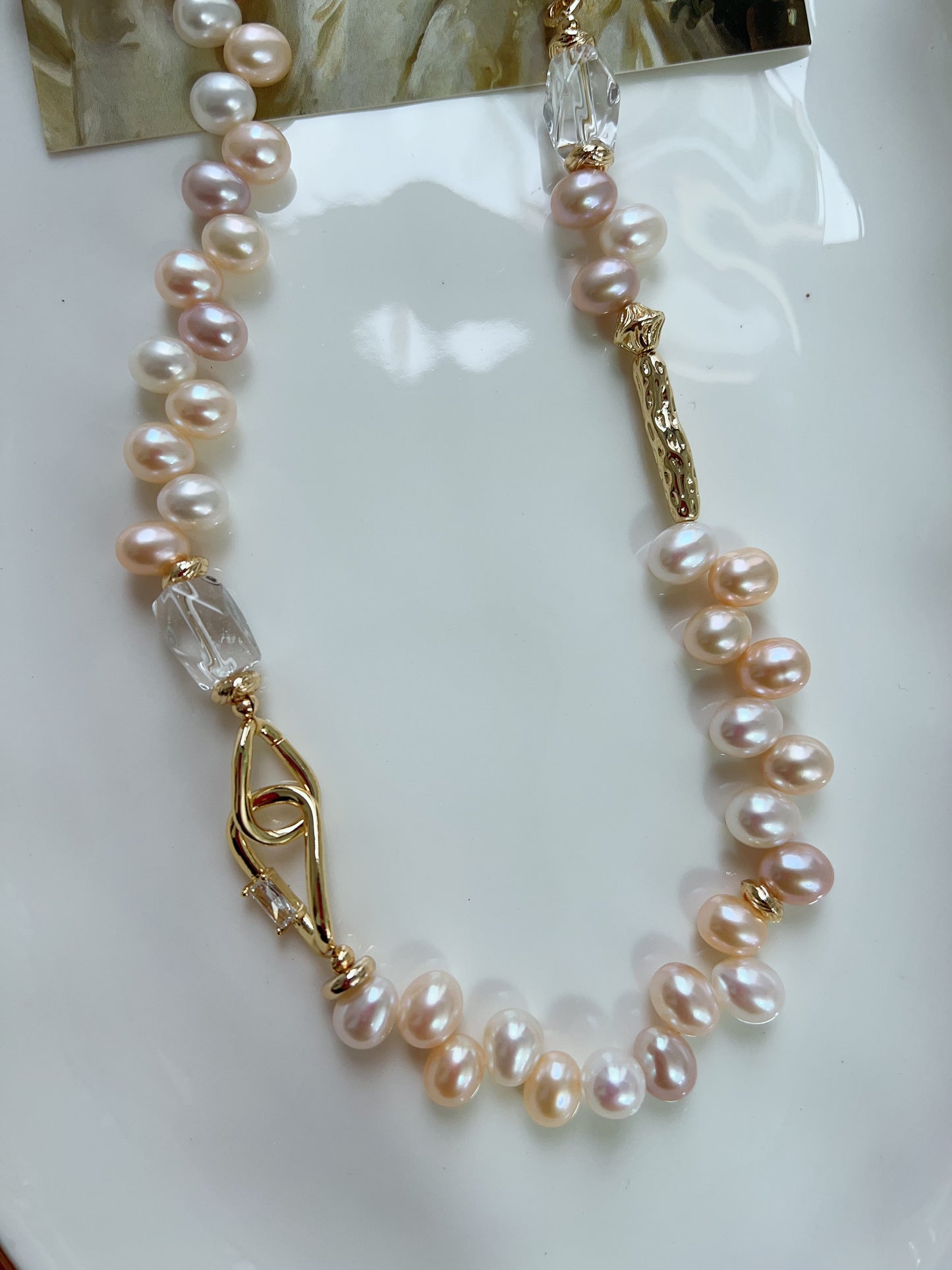 #PN1246 Freshwater Pearl Necklace & Bracelet Set chunky Rice Pearl clear quartz Freeform lace design Lustrous mixed colors
