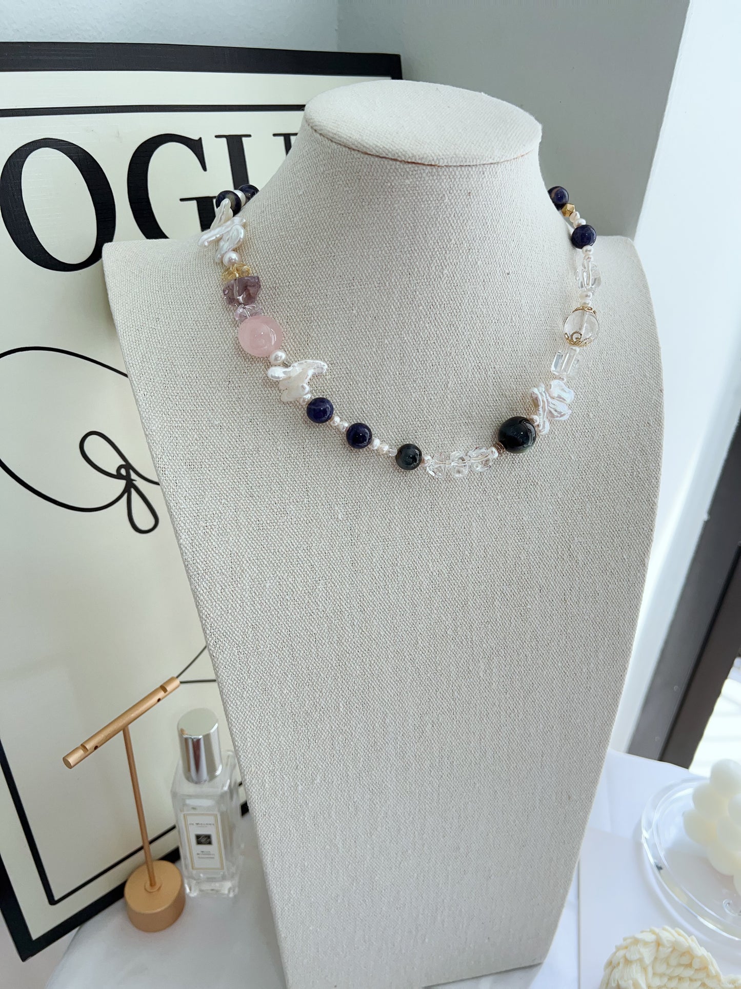 #PN1264 Freshwater pearl necklace 64cm tiger eye lapis lazuli rose quartz citrine amethyst lute pearl clear quartz multiple wearing