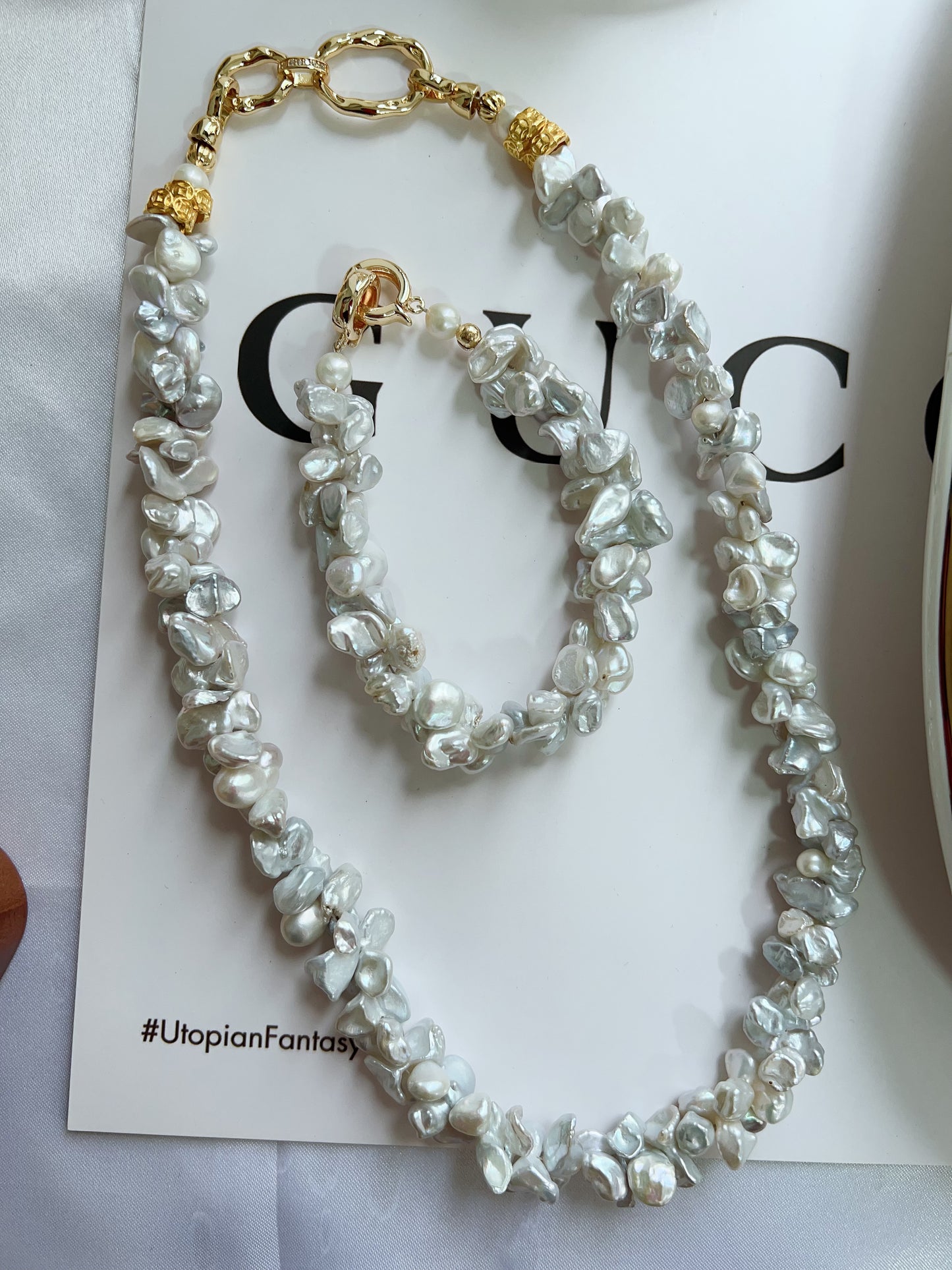 #PN1245 Freshwater Pearl Necklace & Bracelet Set 19cm 47cm caterpillar design blue grey Lustre can connect to wear double-end clasp bracelet butterfly irregular Pearl