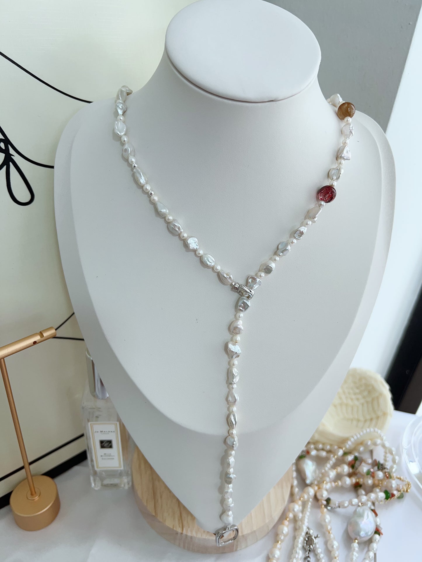 #PN1272 Freshwater pearl necklace silver stone irregular pearls silver lustre red rutile citrine freeform hematoid freeform 48cm 57cm