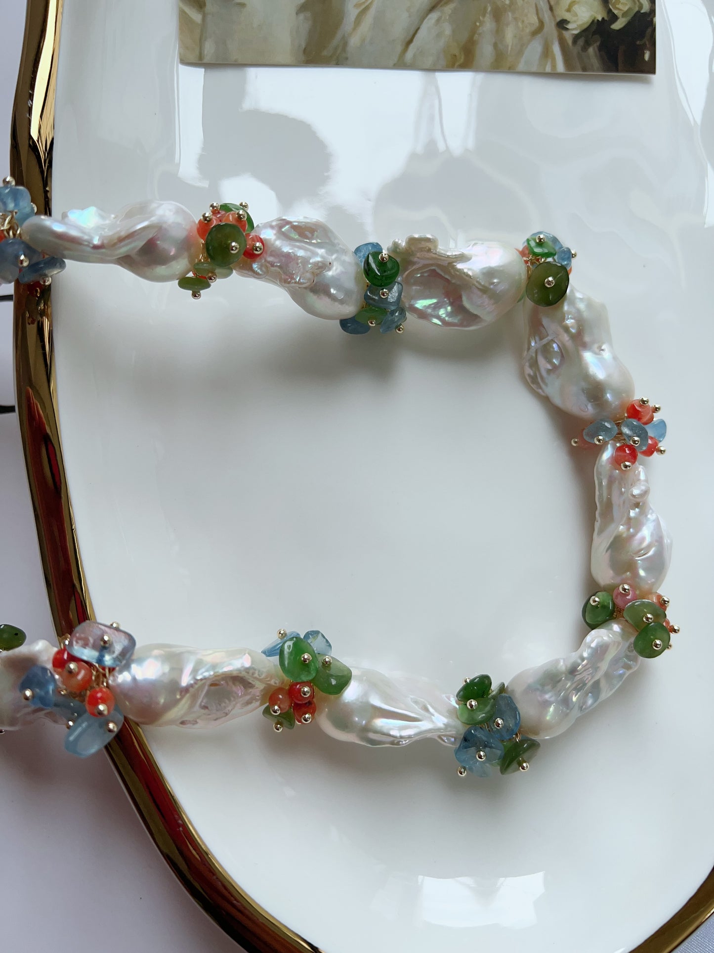 #PN1247 [Floral Series] Freshwater Pearl Necklace & Earrings Set big blue-ish Fishtail Baroque Pearl Aventurine Aquamarine peach Agate flower petals high quality one of a kind