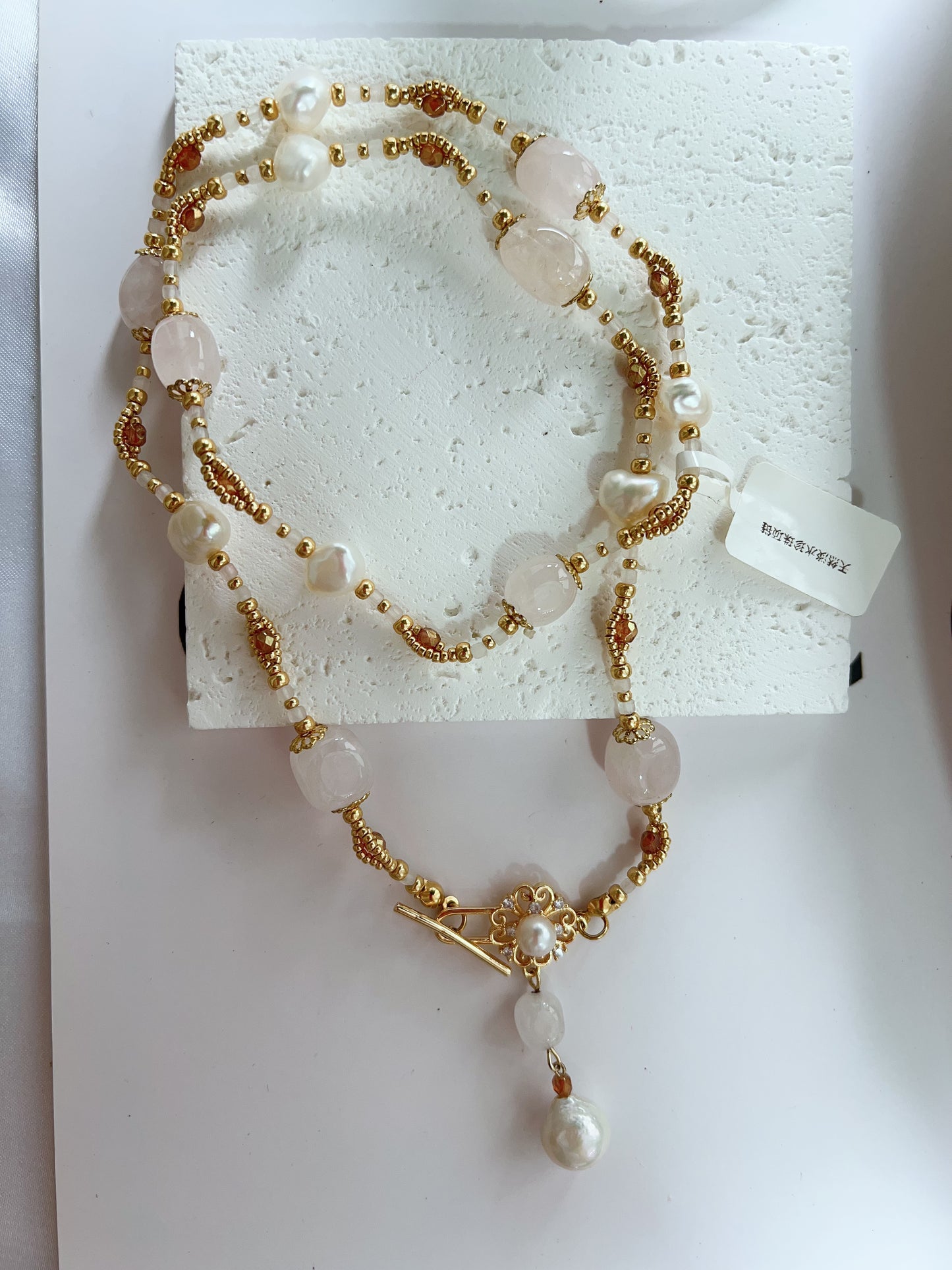 #PN1253 Freshwater Pearl Necklace 57cm rose quartz heart shaped baroque pearl long pendant necklace