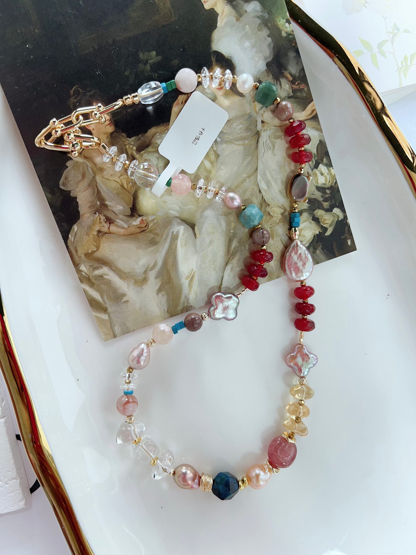 #PN1254 Freshwater Pearl Necklace 42+3cm agate abacus tear-drop pearl clover baroque clear quartz freeform citrine