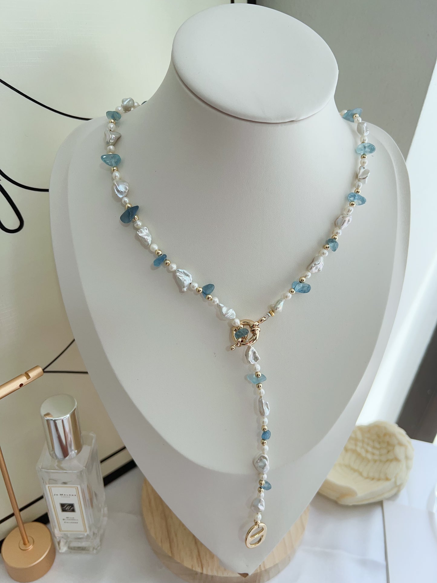 #PN1268 Freshwater pearl necklace set 3 pcs set high quality aquamarine chips ancient silver stone irregular pearl lustrous dainty pendant