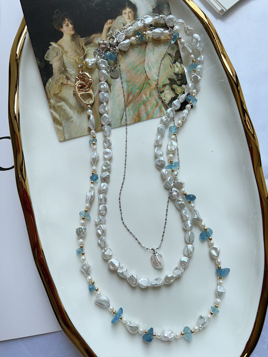 #PN1268 Freshwater pearl necklace set 3 pcs set high quality aquamarine chips ancient silver stone irregular pearl lustrous dainty pendant