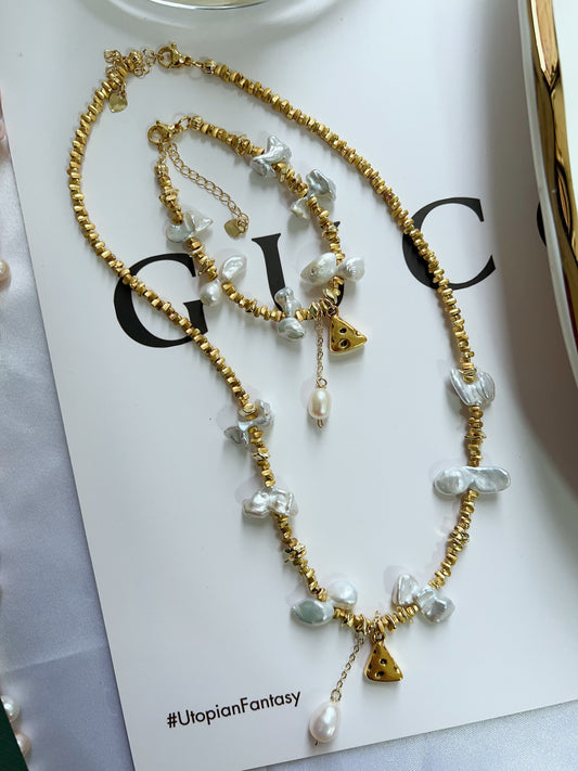 #PN1277 Freshwater pearl necklace & bracelet set irregular butterfly shaped pearl blue -silver lustre pendant cheese charm