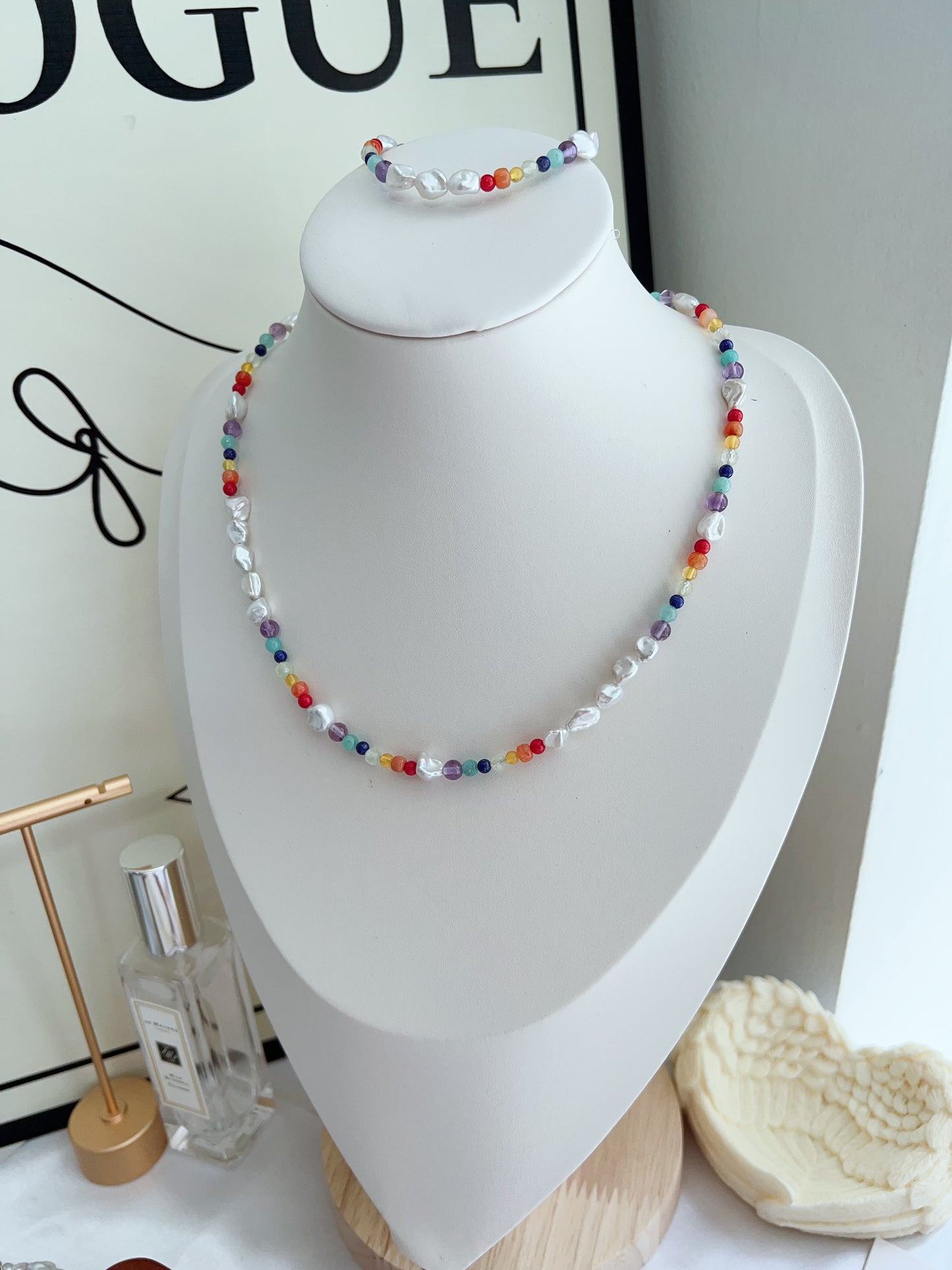 #PN1267 Freshwater pearl necklace & bracelet set rainbow design agate prehnite beeswax lapis lazuli amazonite amethyst irregular lustrous stone pearl