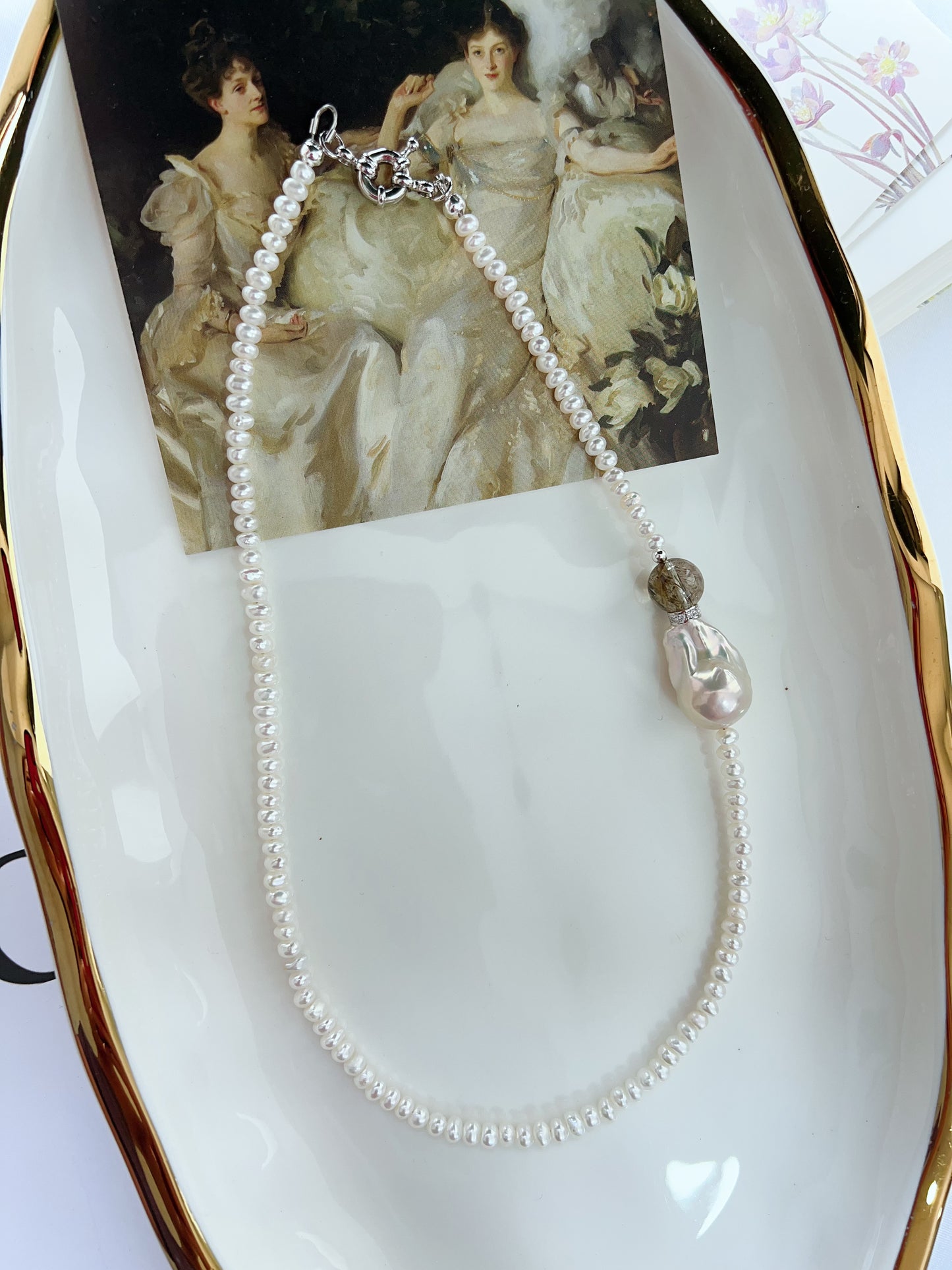 #PN1274 Freshwater pearl necklace high clarity green rutile cold lustre fishtail baroque pearl baby pearl excellent lustre