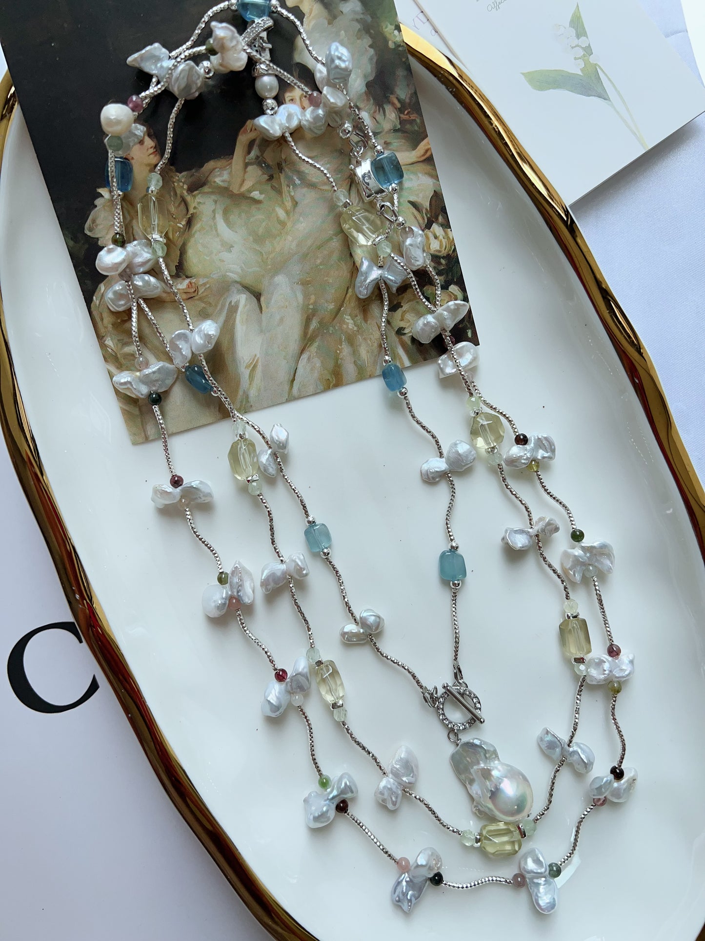 #PN1265 Freshwater Pearl Necklace citrine freeform aquamarine freeform mini tourmaline irregular butterfly baroque pearl unique design fishtail baroque pearl pendant