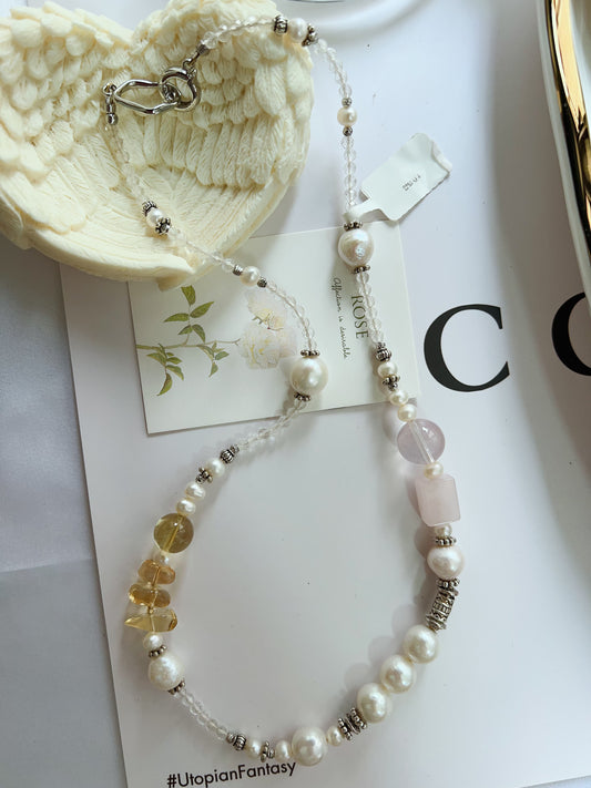 #PN1256 Freshwater pearl necklace 54cm multi wearing rose quartz citrine long necklace