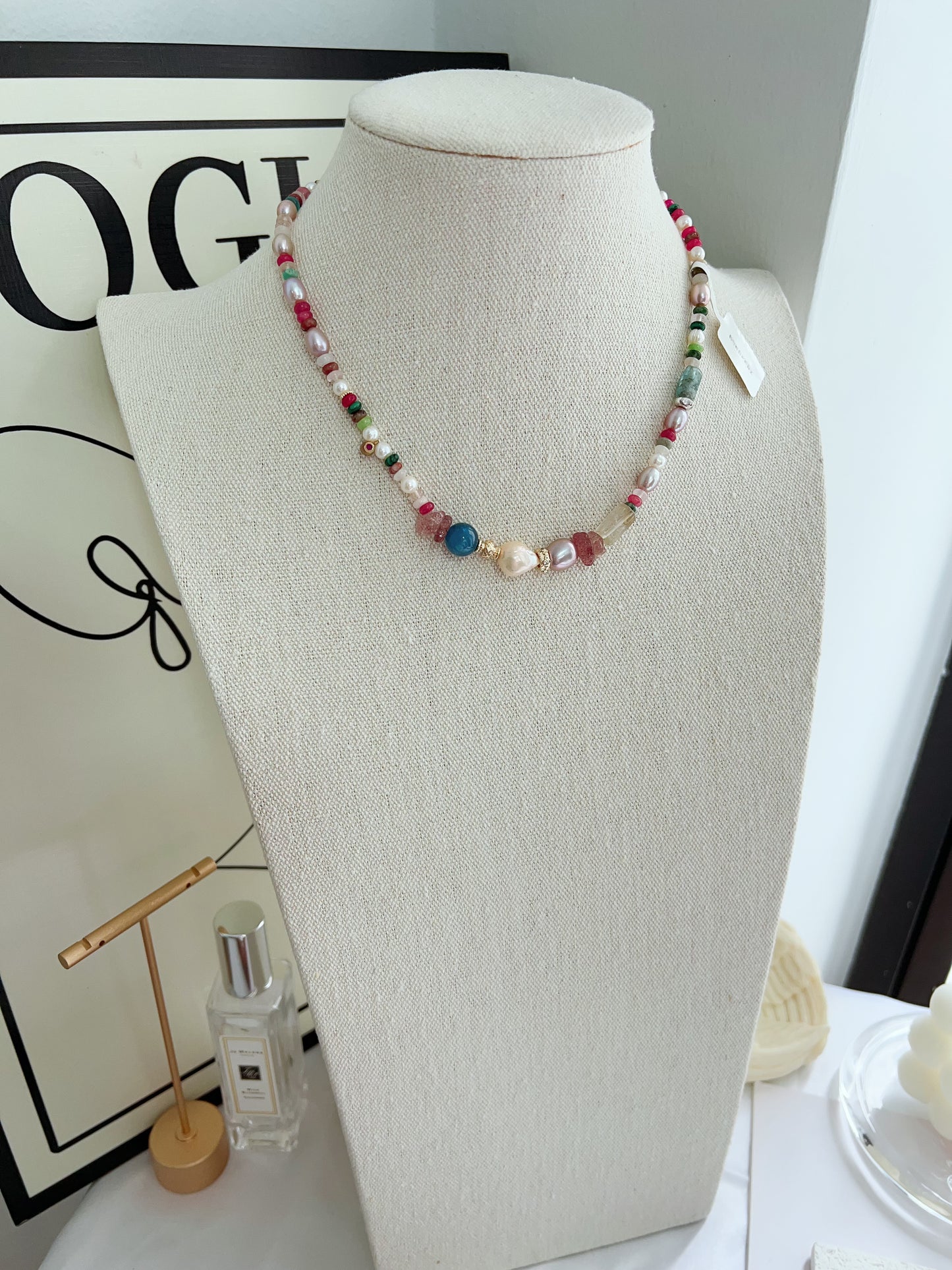 #PN1255 Freshwater pearl necklace 40+5cm Blue Apatite tourmaline citrine strawberry quartz