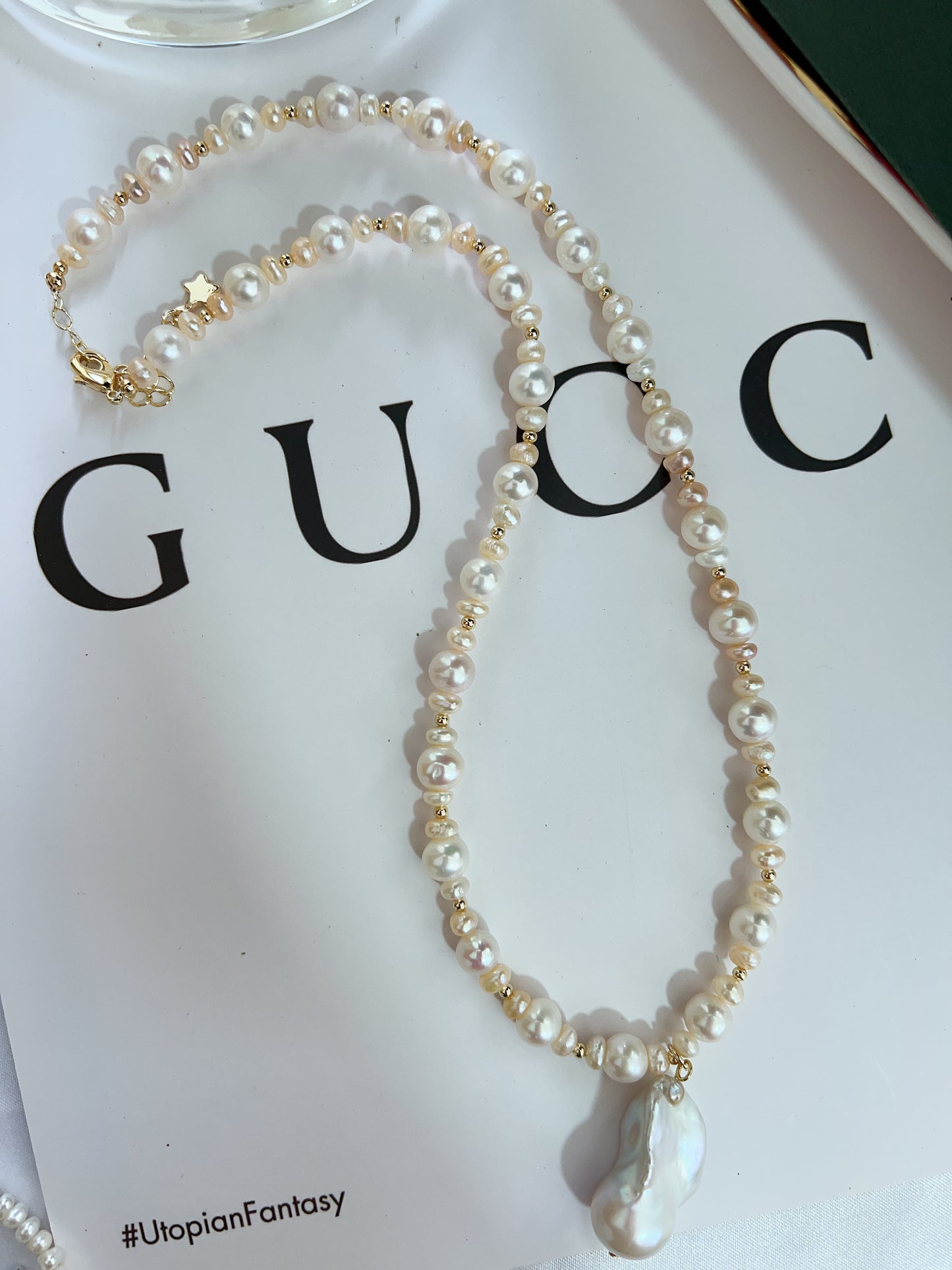 #PN1271 Freshwater pearl necklace light pink golden mixed shaped pearls natural flaws fishtail baroque pearl pendant 48+5cm