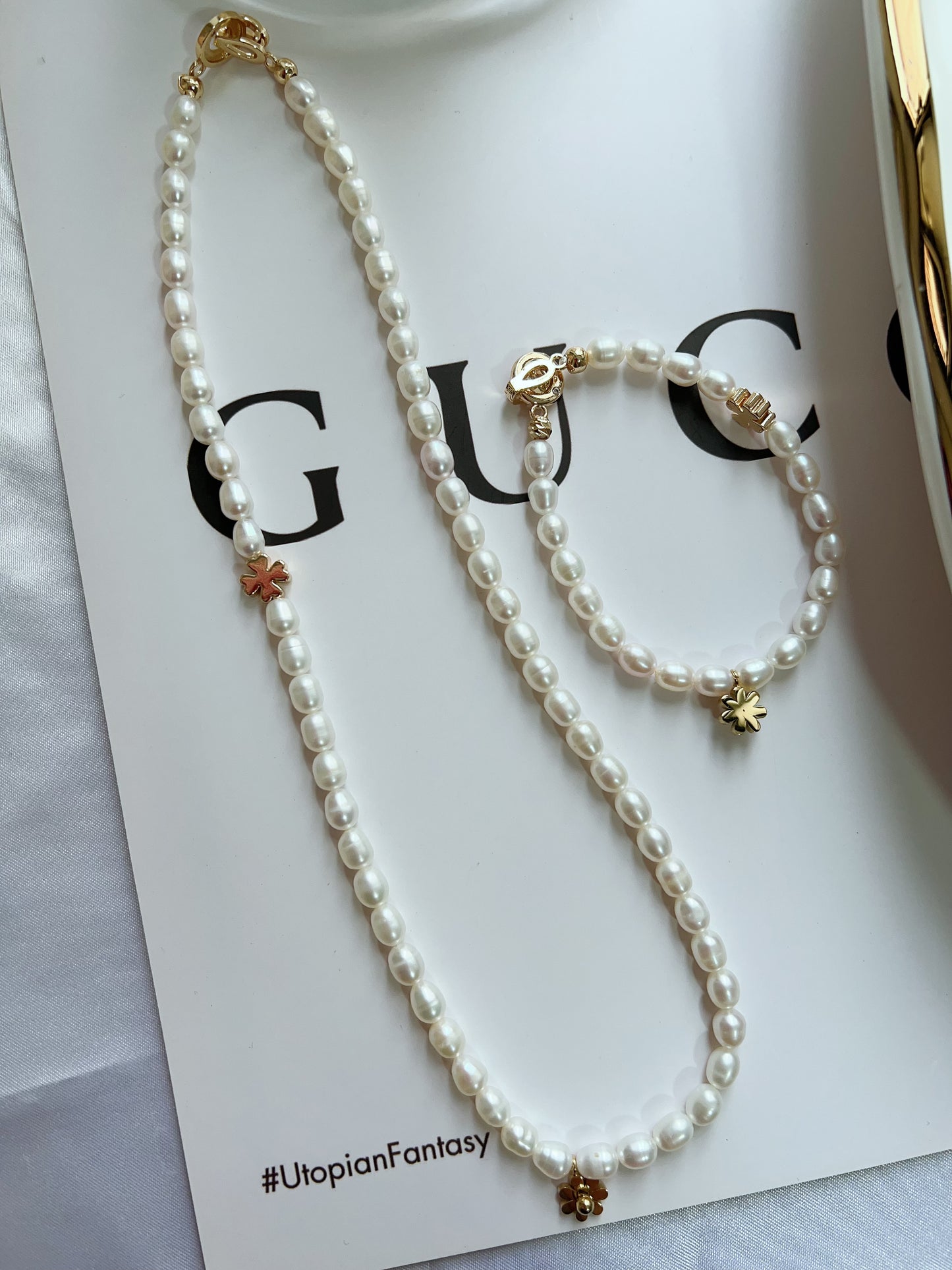 #PN1282 Freshwater pearl necklace & bracelet set rice shaped baroque pearl daisy pendant flower charm simple and elegant