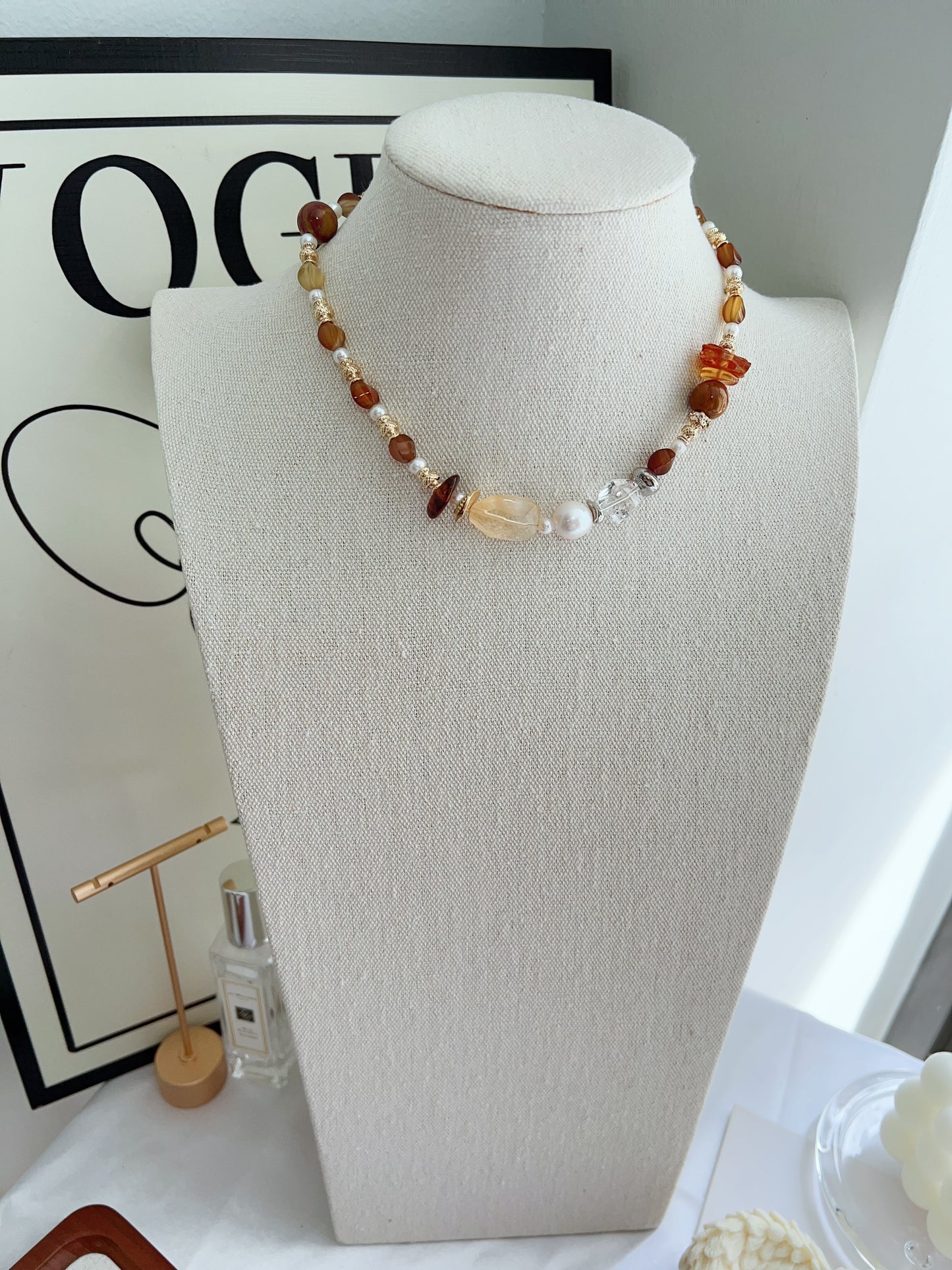 #PN1261 Freshwater pearl necklace agate citrine freeform beeswax lustrous baroque 37+5cm