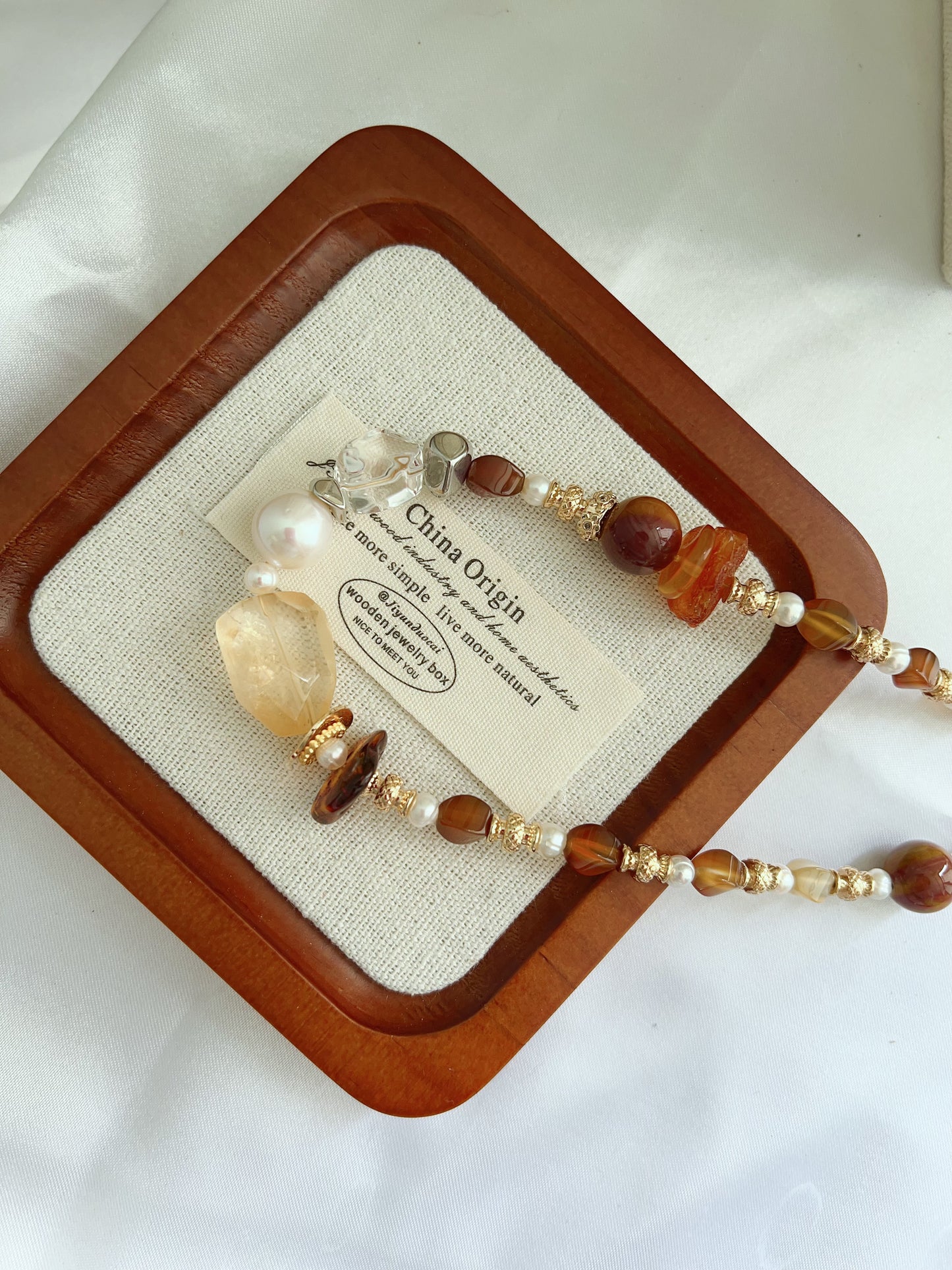 #PN1261 Freshwater pearl necklace agate citrine freeform beeswax lustrous baroque 37+5cm