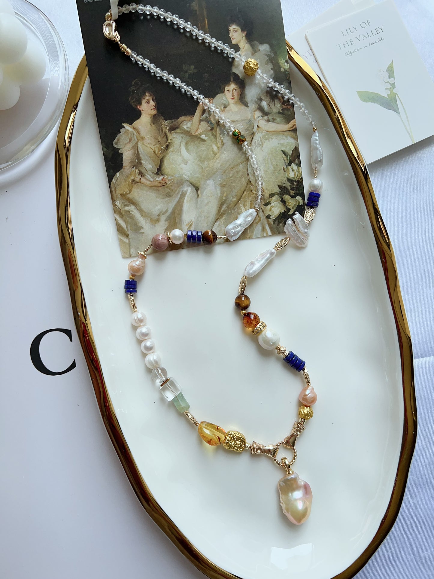 #PN1263 Freshwater pearl necklace 65cm amber fluorite detachable pendant fishtail baroque pearl lapis lazuli
