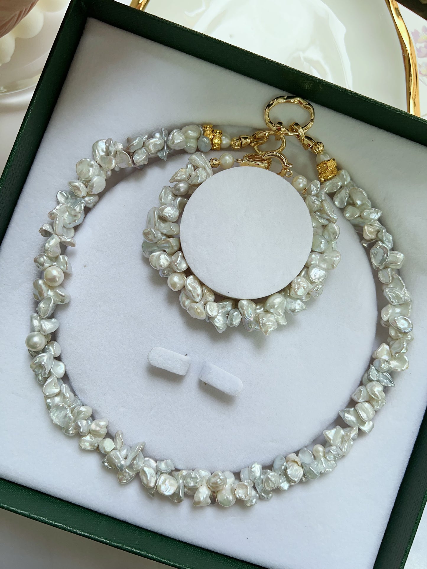 #PN1245 Freshwater Pearl Necklace & Bracelet Set 19cm 47cm caterpillar design blue grey Lustre can connect to wear double-end clasp bracelet butterfly irregular Pearl