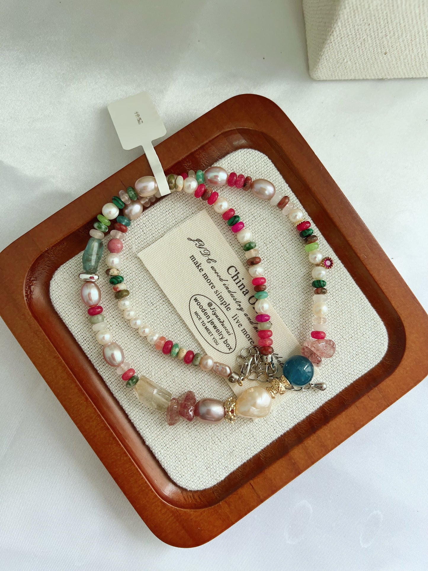 #PN1255 Freshwater pearl necklace 40+5cm Blue Apatite tourmaline citrine strawberry quartz