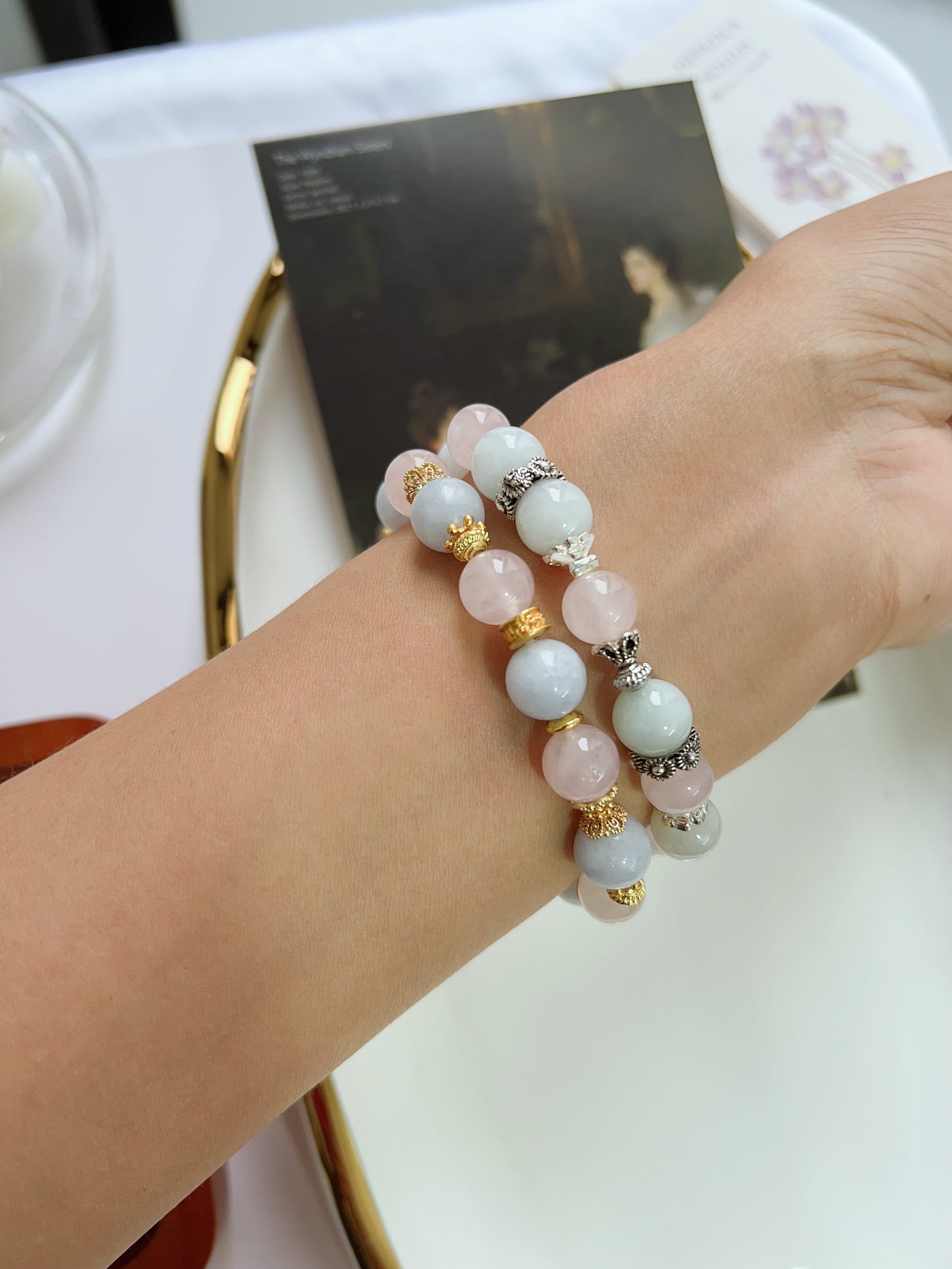 #B17 Crystal Bracelet Blue Calcite Rose Quartz Jadeite Flower Agate Barrel Green Quartz Freeform