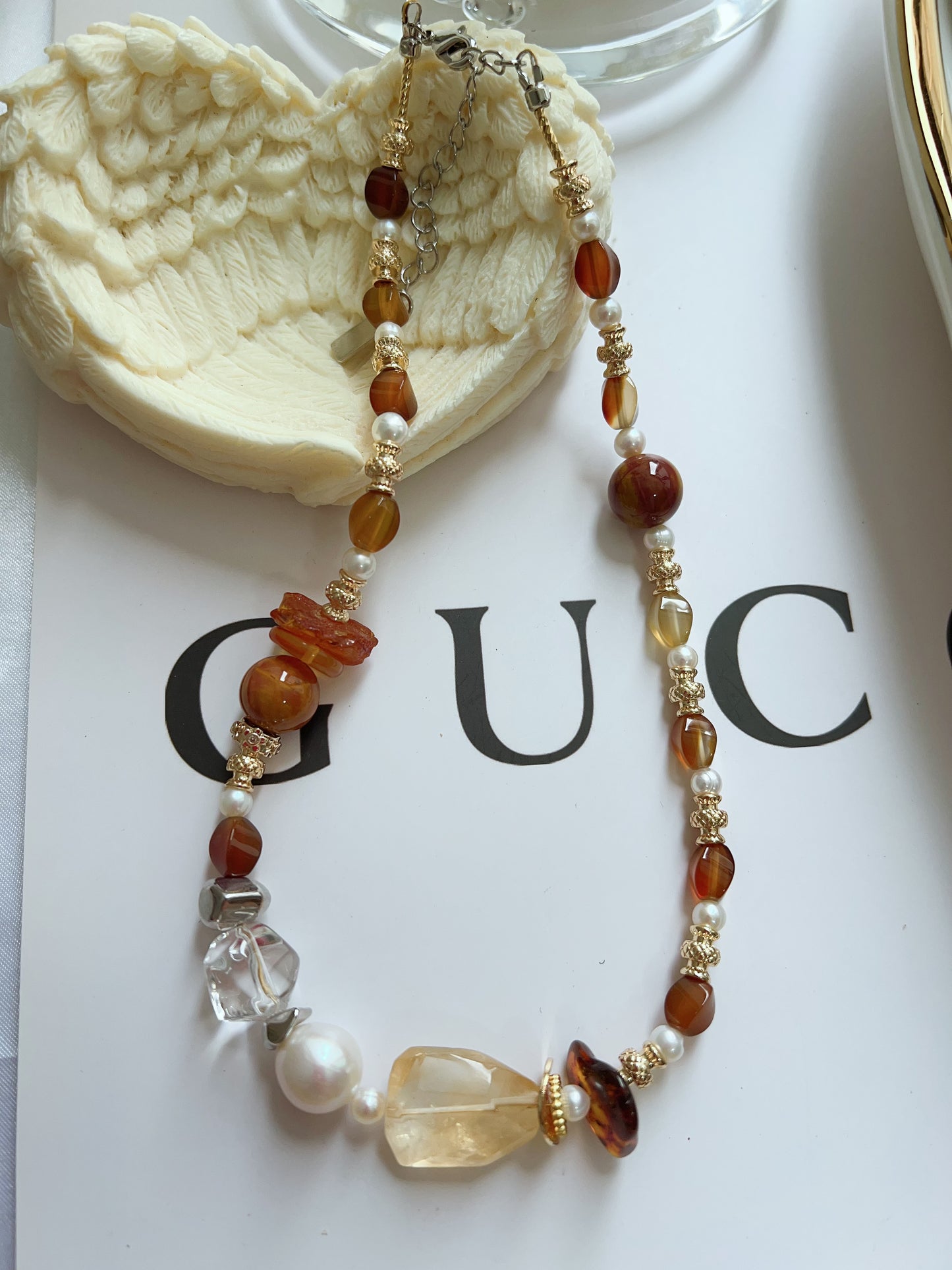 #PN1261 Freshwater pearl necklace agate citrine freeform beeswax lustrous baroque 37+5cm