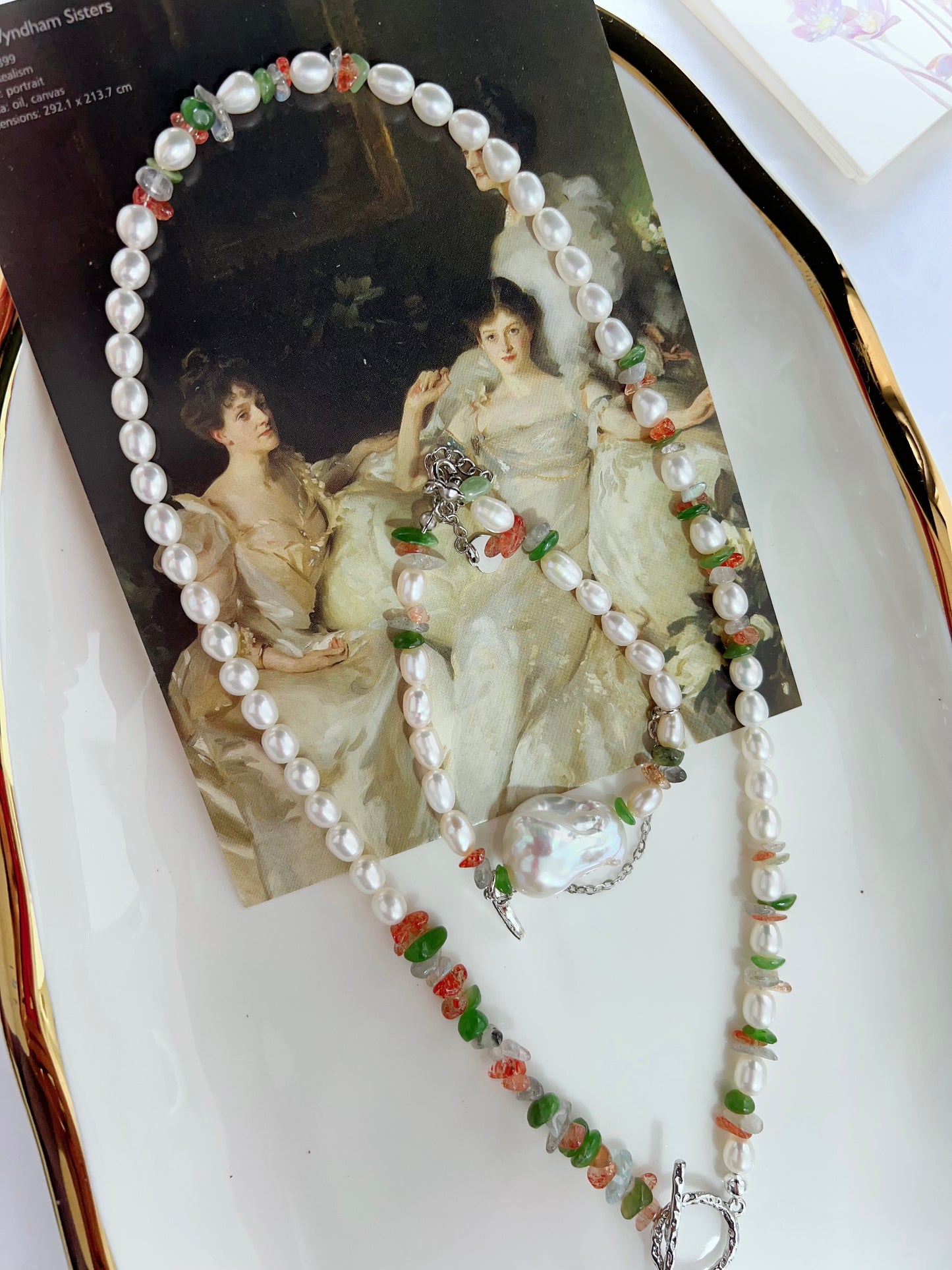 #PN1270 Freshwater pearl necklace & bracelet set agate Labradorite aventurine chips big fishtail baroque pendant lustrous