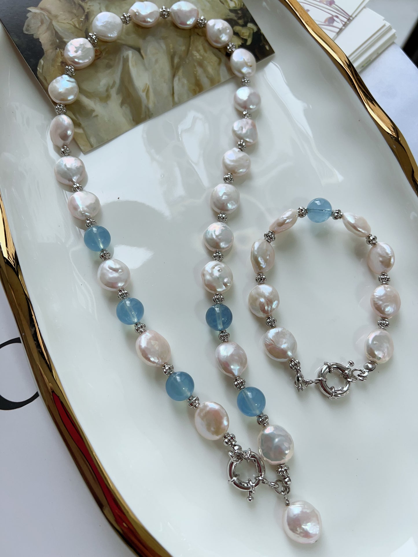 #PN1248 Freshwater Pearl Necklace & Bracelet Set Top tier Aquamarine Coin baroque pearls pendant Lustrous 48cm