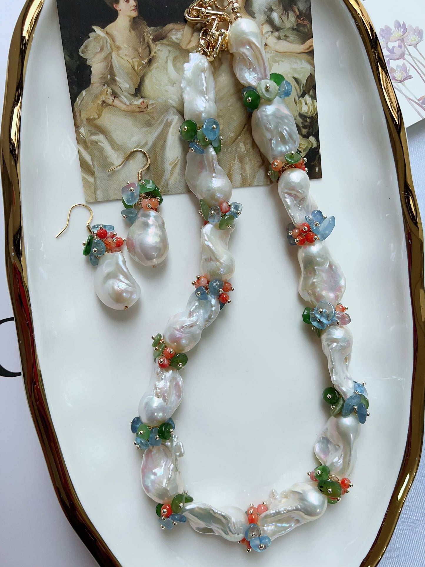 #PN1247 [Floral Series] Freshwater Pearl Necklace & Earrings Set big blue-ish Fishtail Baroque Pearl Aventurine Aquamarine peach Agate flower petals high quality one of a kind