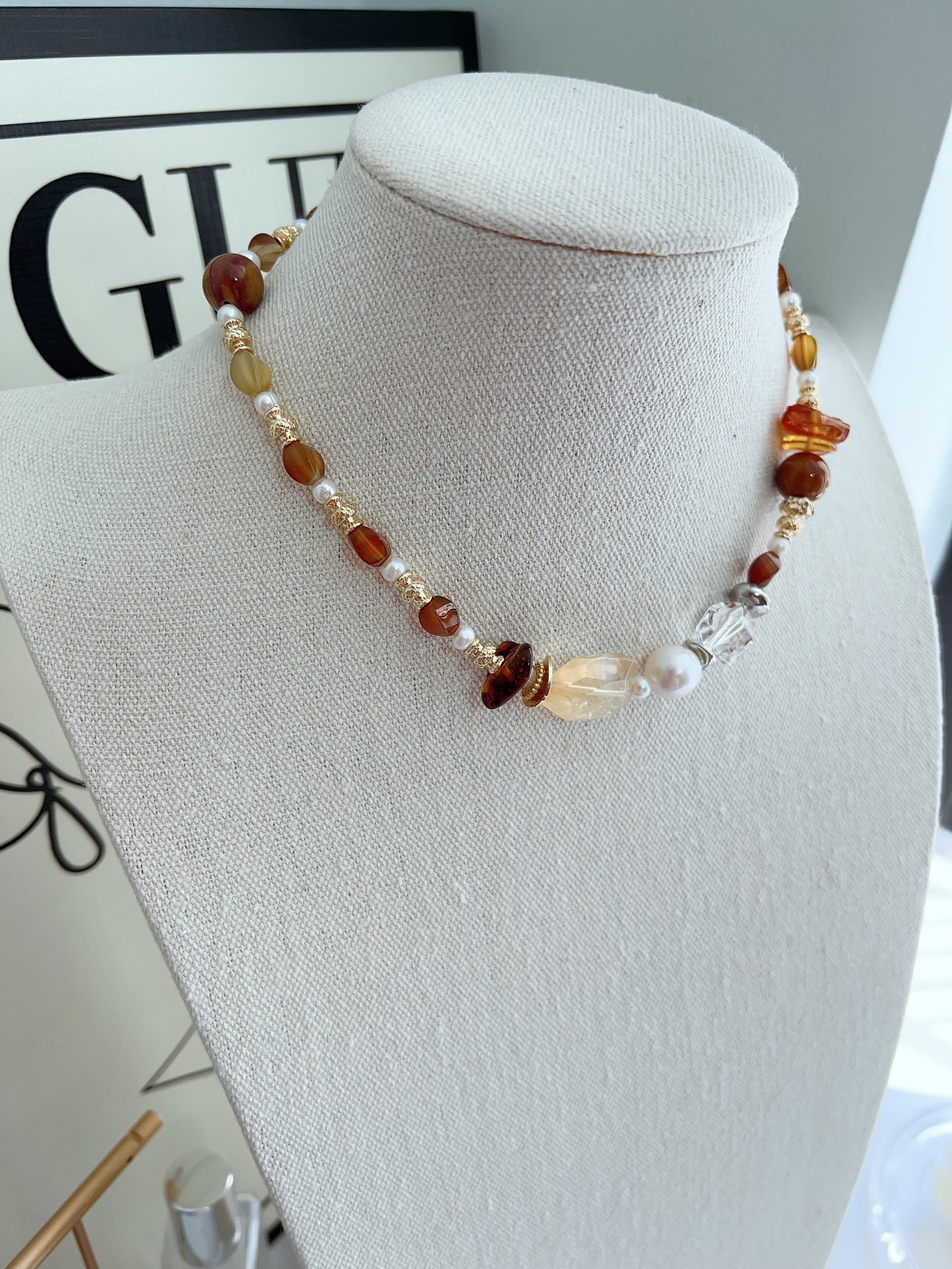 #PN1261 Freshwater pearl necklace agate citrine freeform beeswax lustrous baroque 37+5cm