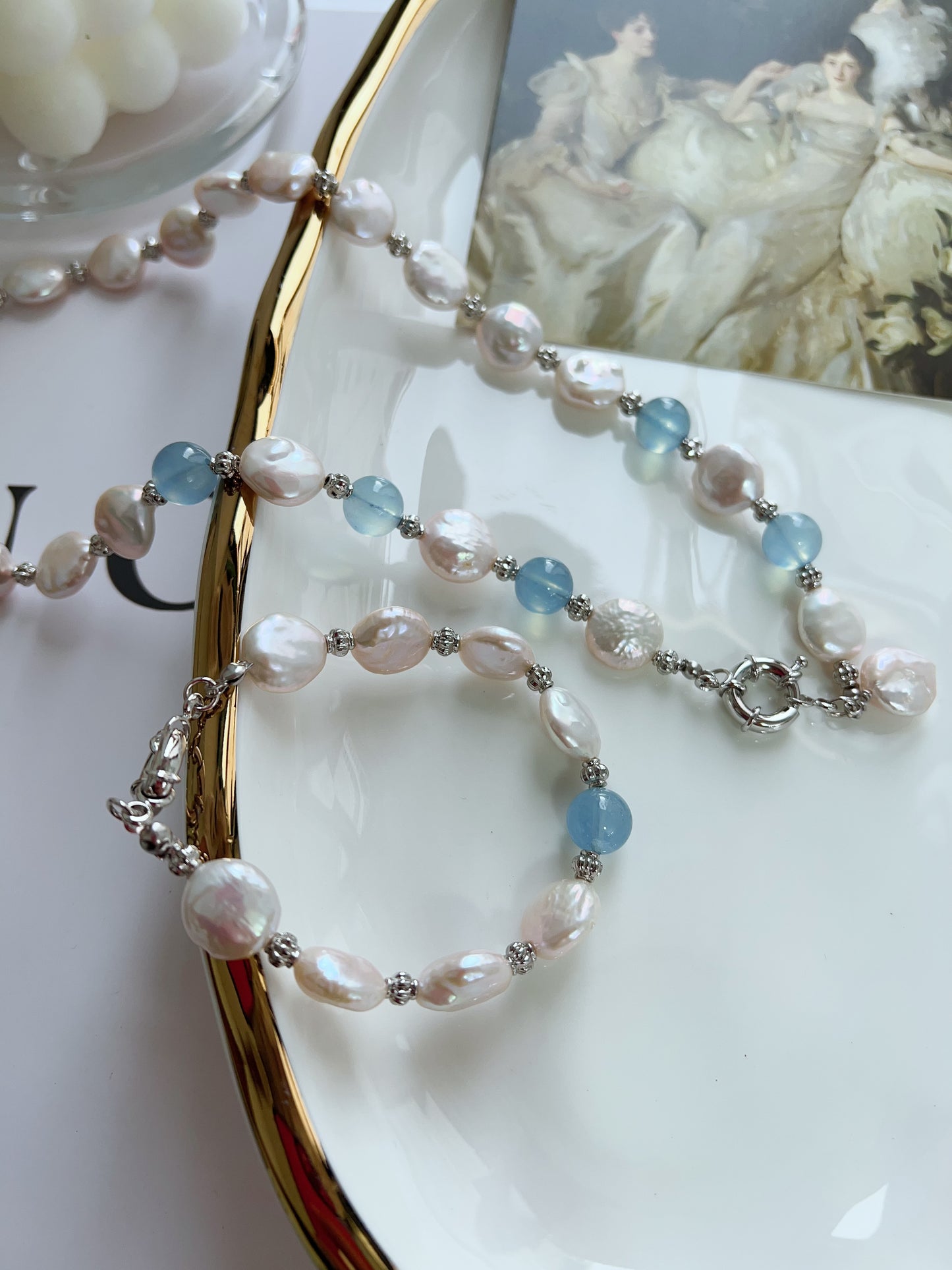 #PN1248 Freshwater Pearl Necklace & Bracelet Set Top tier Aquamarine Coin baroque pearls pendant Lustrous 48cm