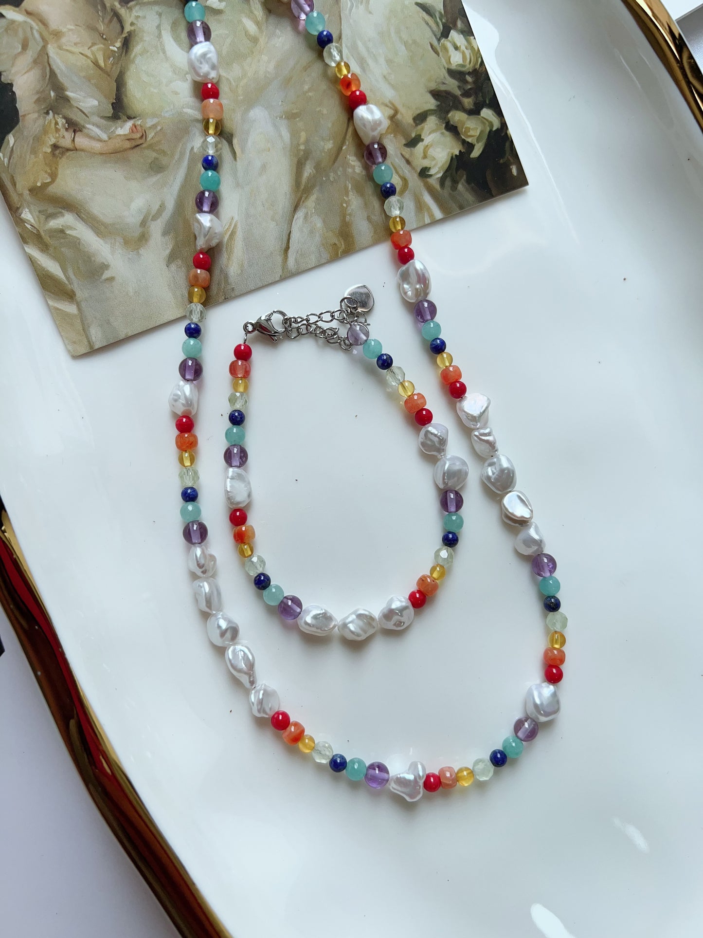 #PN1267 Freshwater pearl necklace & bracelet set rainbow design agate prehnite beeswax lapis lazuli amazonite amethyst irregular lustrous stone pearl