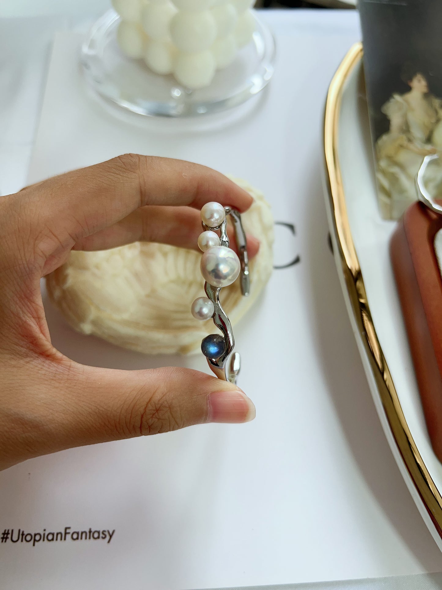 #B19 Freshwater pearl bangle lustrous pearl labradorite strong sheen titanium rust free adjustable