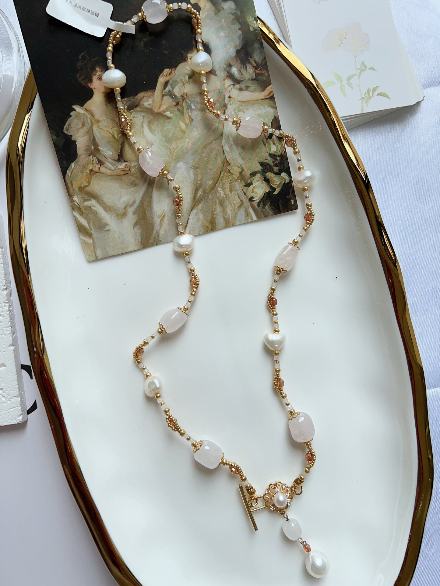 #PN1253 Freshwater Pearl Necklace 57cm rose quartz heart shaped baroque pearl long pendant necklace