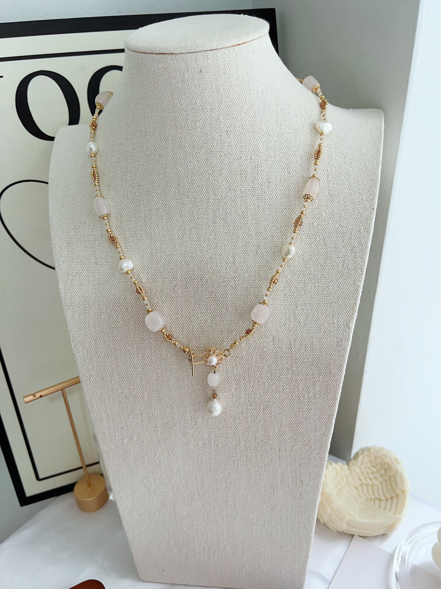 #PN1253 Freshwater Pearl Necklace 57cm rose quartz heart shaped baroque pearl long pendant necklace