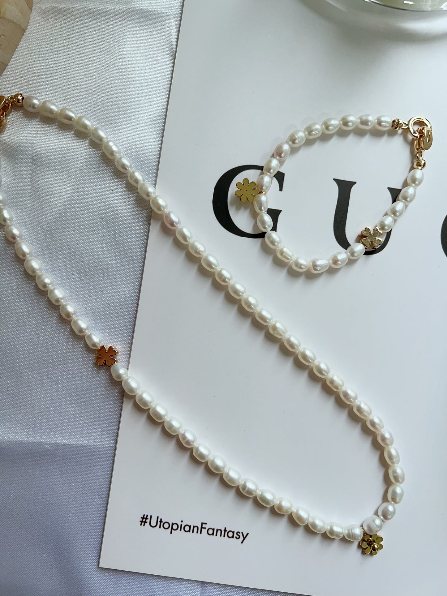 #PN1282 Freshwater pearl necklace & bracelet set rice shaped baroque pearl daisy pendant flower charm simple and elegant