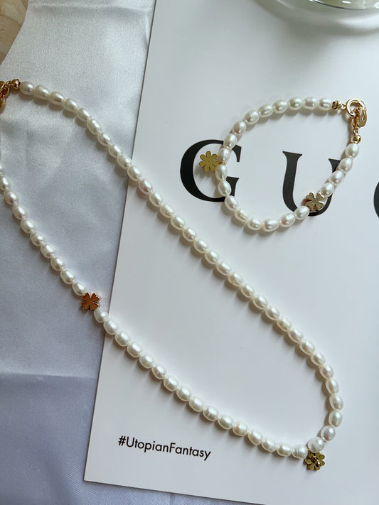 #PN1282 Freshwater pearl necklace & bracelet set rice shaped baroque pearl daisy pendant flower charm simple and elegant