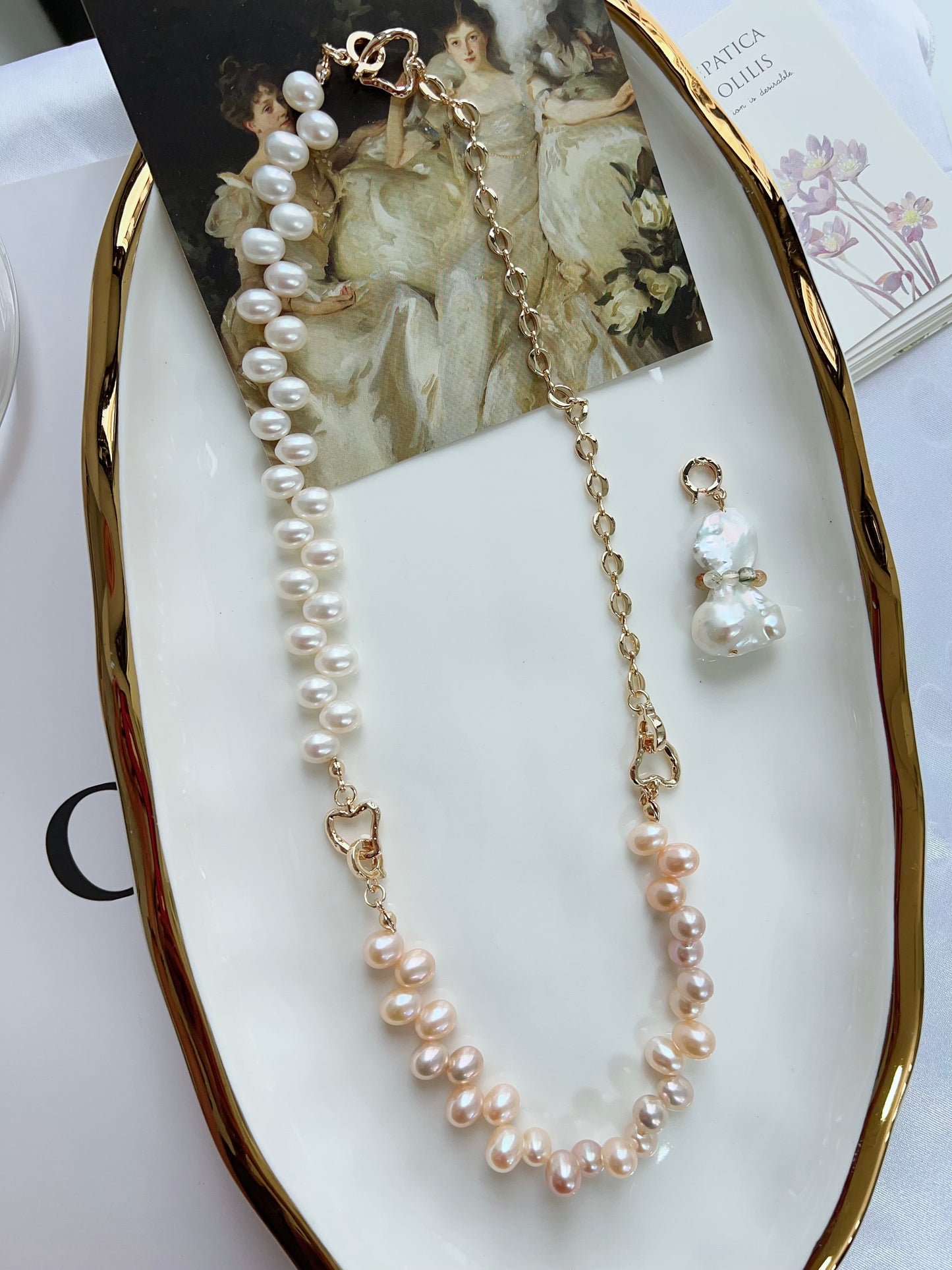 #PN1244 Freshwater Pearl Necklace / bracelet multi-functional 54cm versatile lace design chain Detachable Pendant Big Fishtail Baroque Pearl wearing a belt rabbit hair