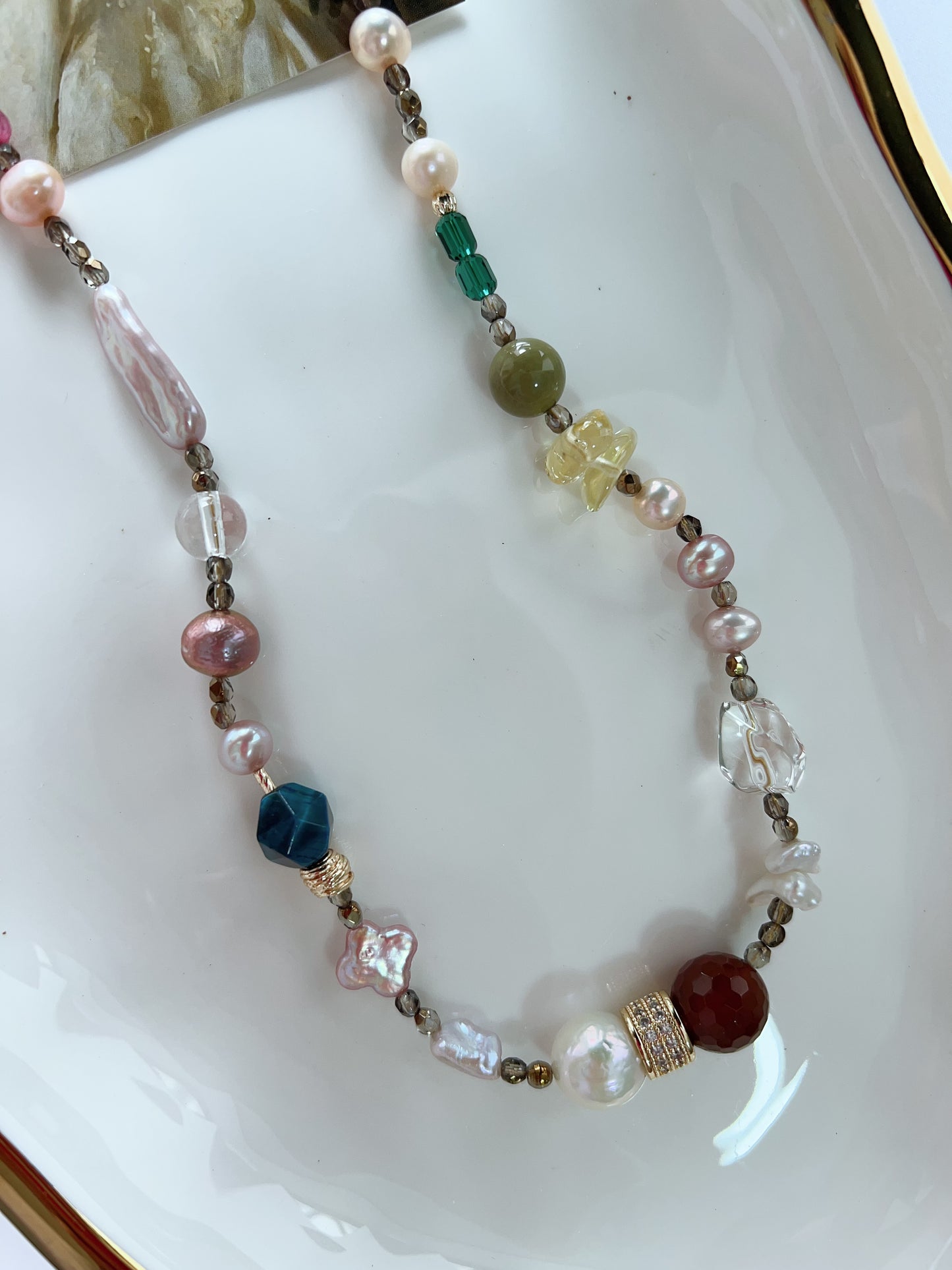 #PN1259 Freshwater pearl necklace alashan agate red agate citrine tourmaline 43+5cm clover pearl stick pearl