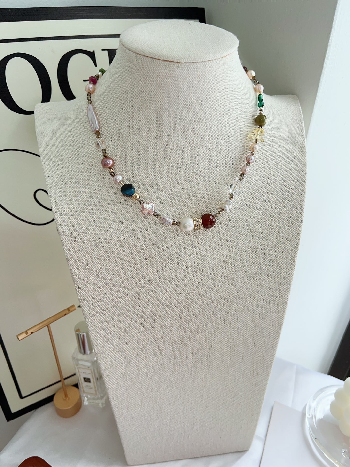 #PN1259 Freshwater pearl necklace alashan agate red agate citrine tourmaline 43+5cm clover pearl stick pearl