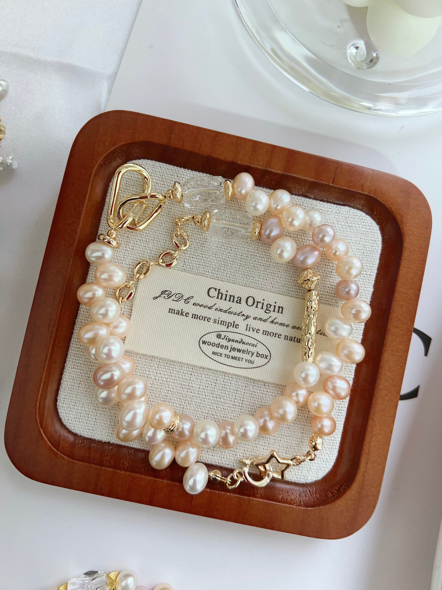 #PN1246 Freshwater Pearl Necklace & Bracelet Set chunky Rice Pearl clear quartz Freeform lace design Lustrous mixed colors